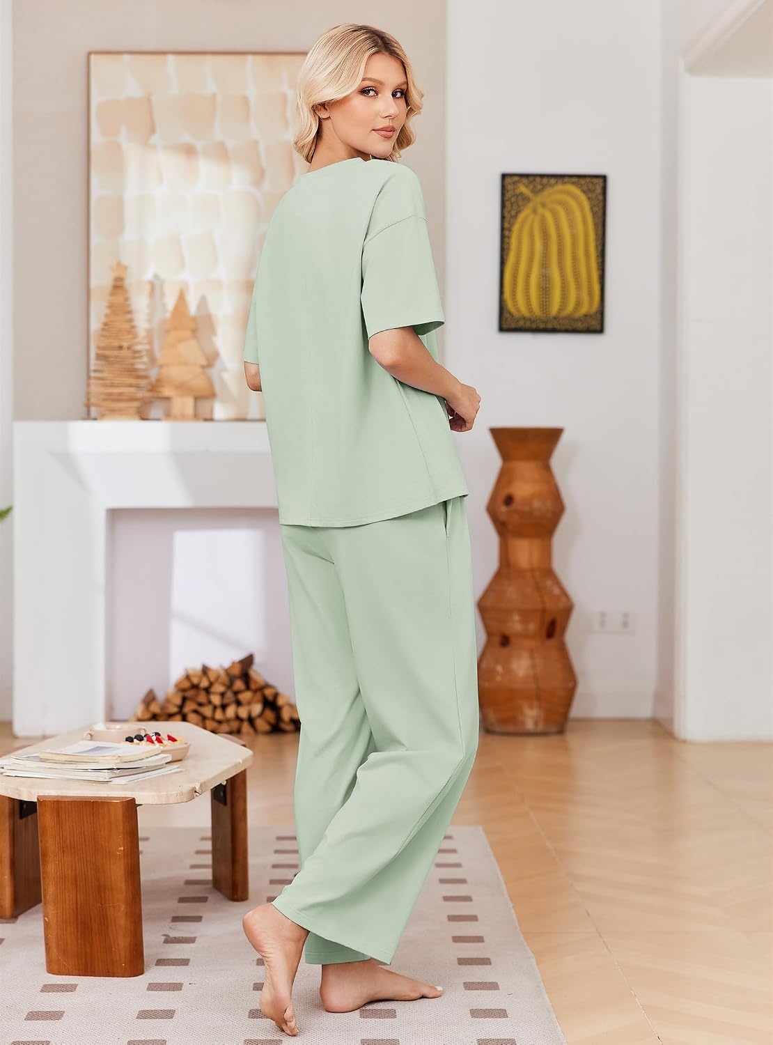 image:imageEkouaer Womens Pajama Sets Cotton Short Sleeve Long Pants Lounge SetSage Green