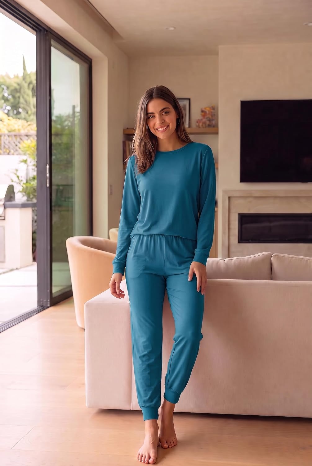 image:imageEkouaer Womens Pajama Sets Long Sleeve Jogger Pj Sets with Pockets XSXXLAquamarine Blue