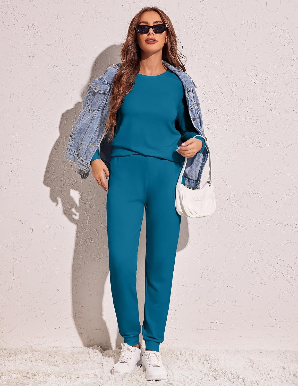 image:imageEkouaer Womens Pajama Sets Long Sleeve Jogger Pj Sets with Pockets XSXXLAquamarine Blue