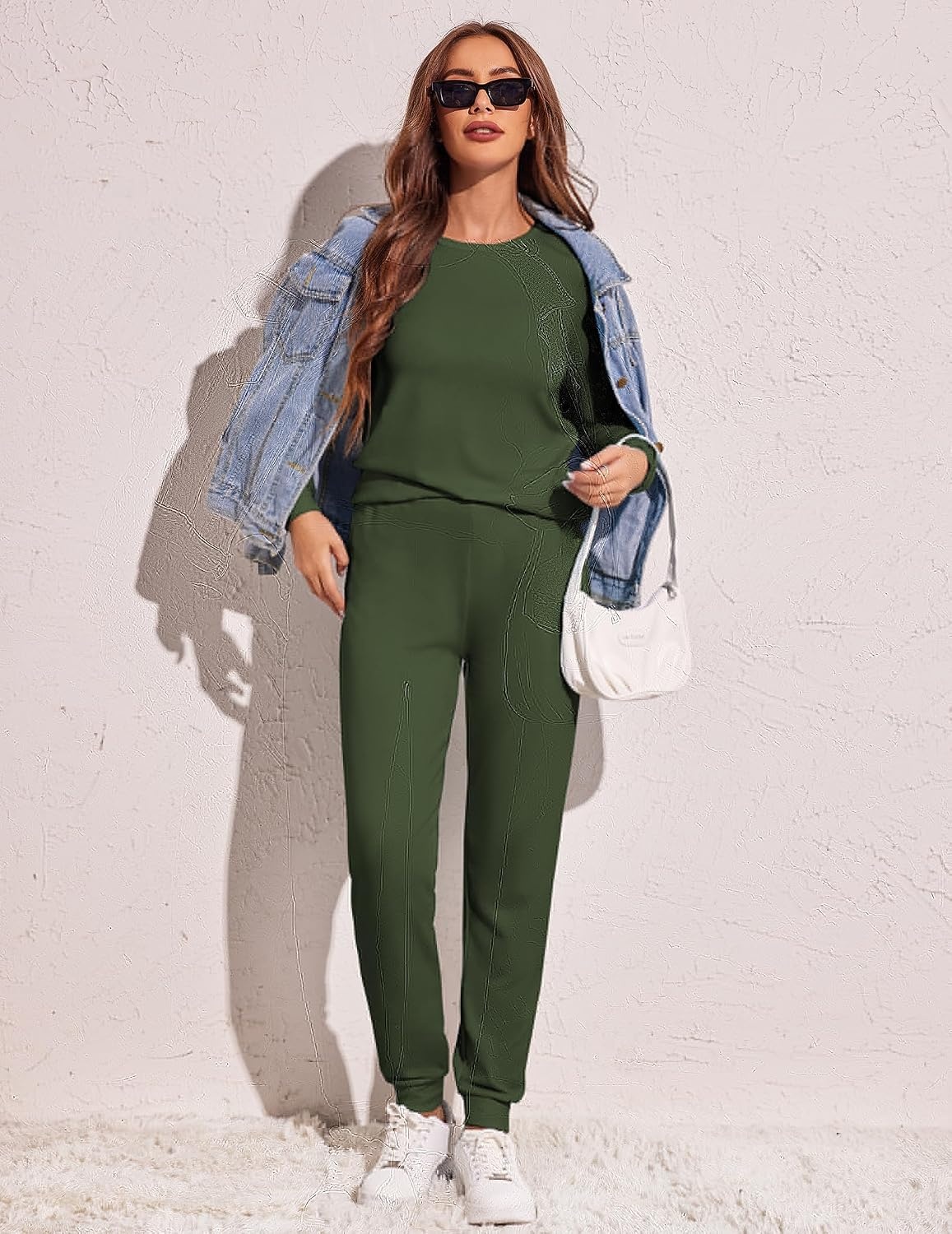 image:imageEkouaer Womens Pajama Sets Long Sleeve Jogger Pj Sets with Pockets XSXXLArmy Green