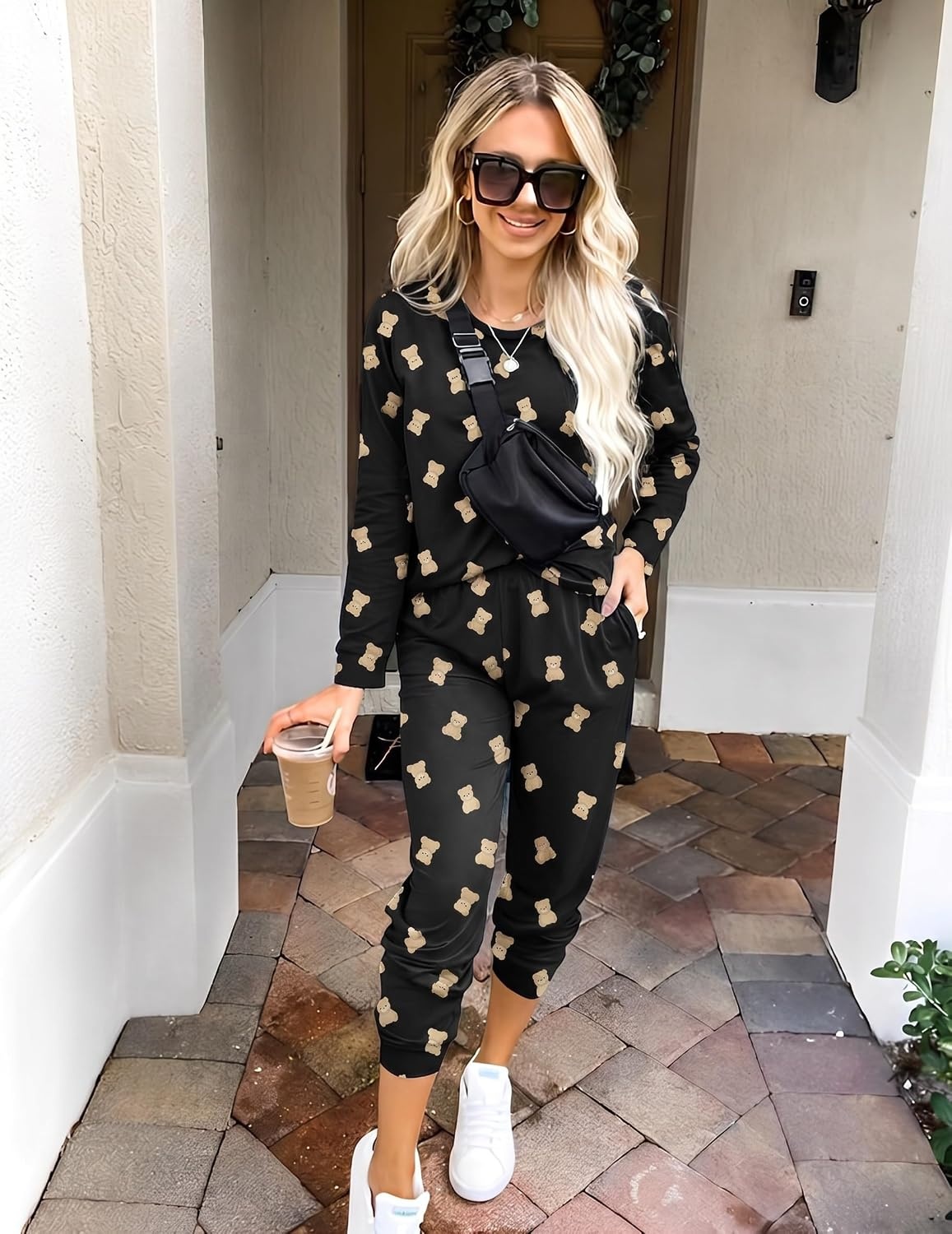 image:imageEkouaer Womens Pajama Sets Long Sleeve Jogger Pj Sets with Pockets XSXXLBlack Bear