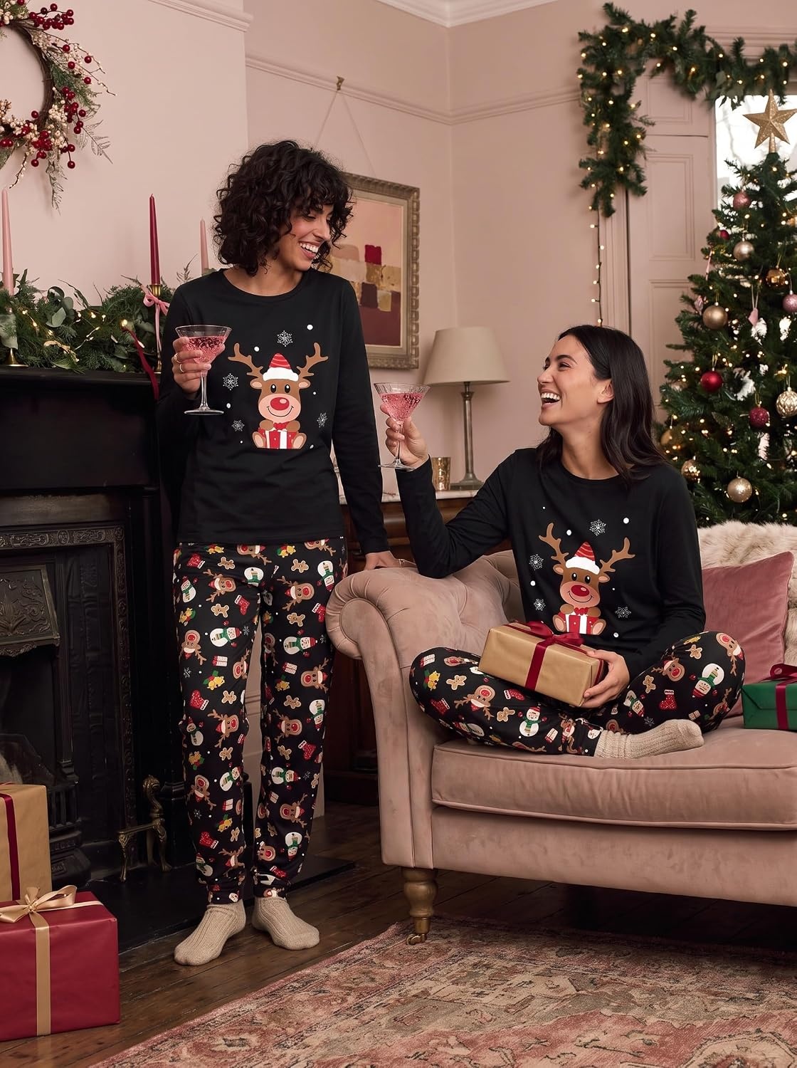image:imageEkouaer Womens Pajama Sets Long Sleeve Jogger Pj Sets with Pockets XSXXLBlack Christmas Reindeer Print