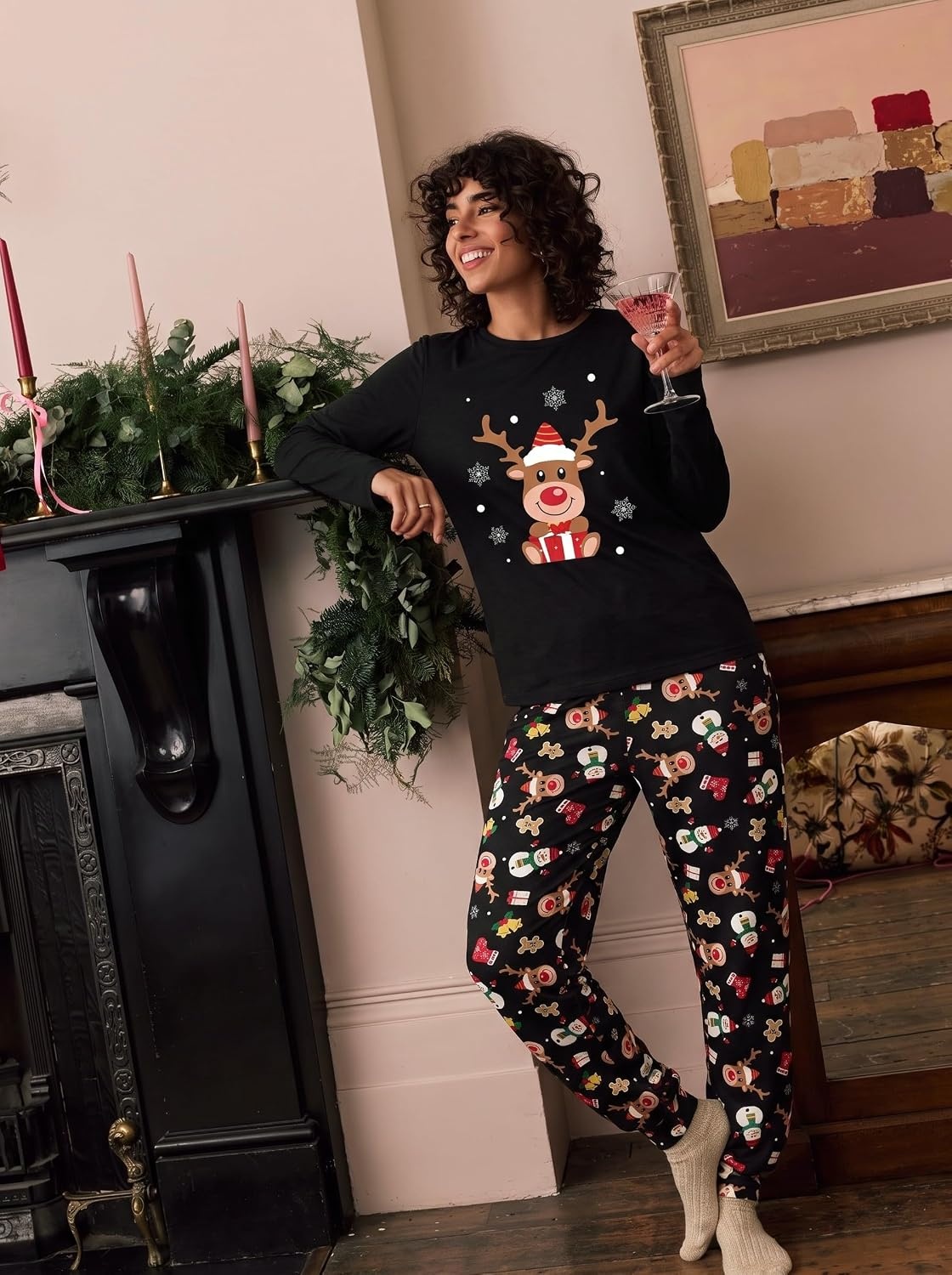 image:imageEkouaer Womens Pajama Sets Long Sleeve Jogger Pj Sets with Pockets XSXXLBlack Christmas Reindeer Print