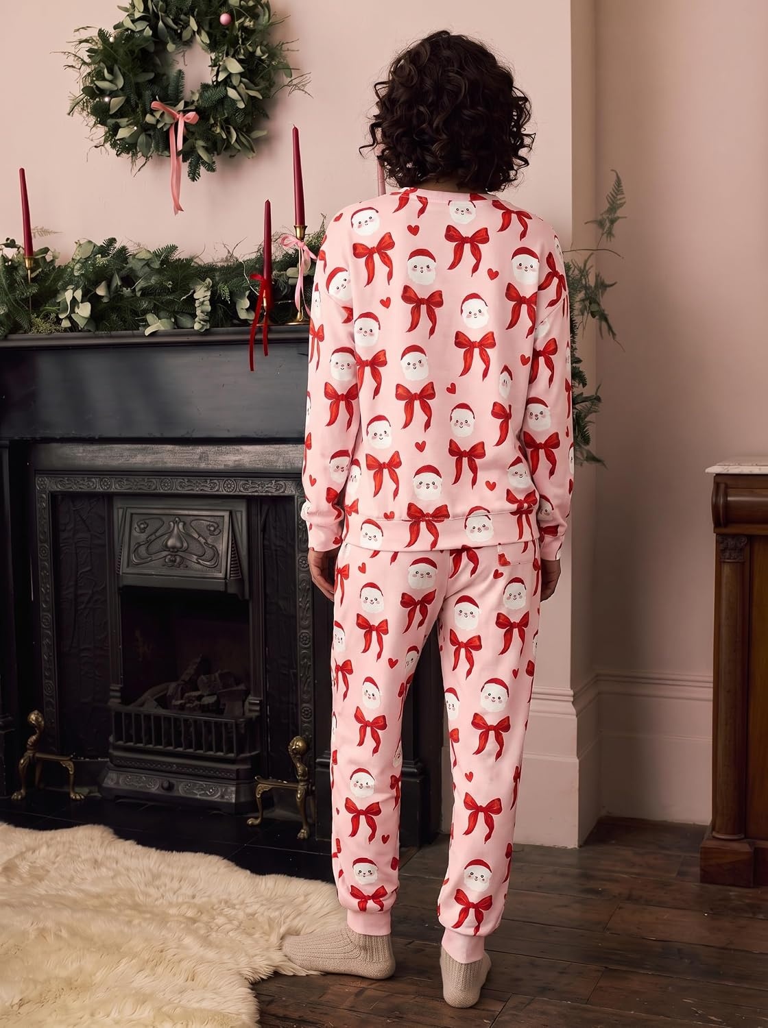 image:imageEkouaer Womens Pajama Sets Long Sleeve Jogger Pj Sets with Pockets XSXXLBlush Pink Santa Bow