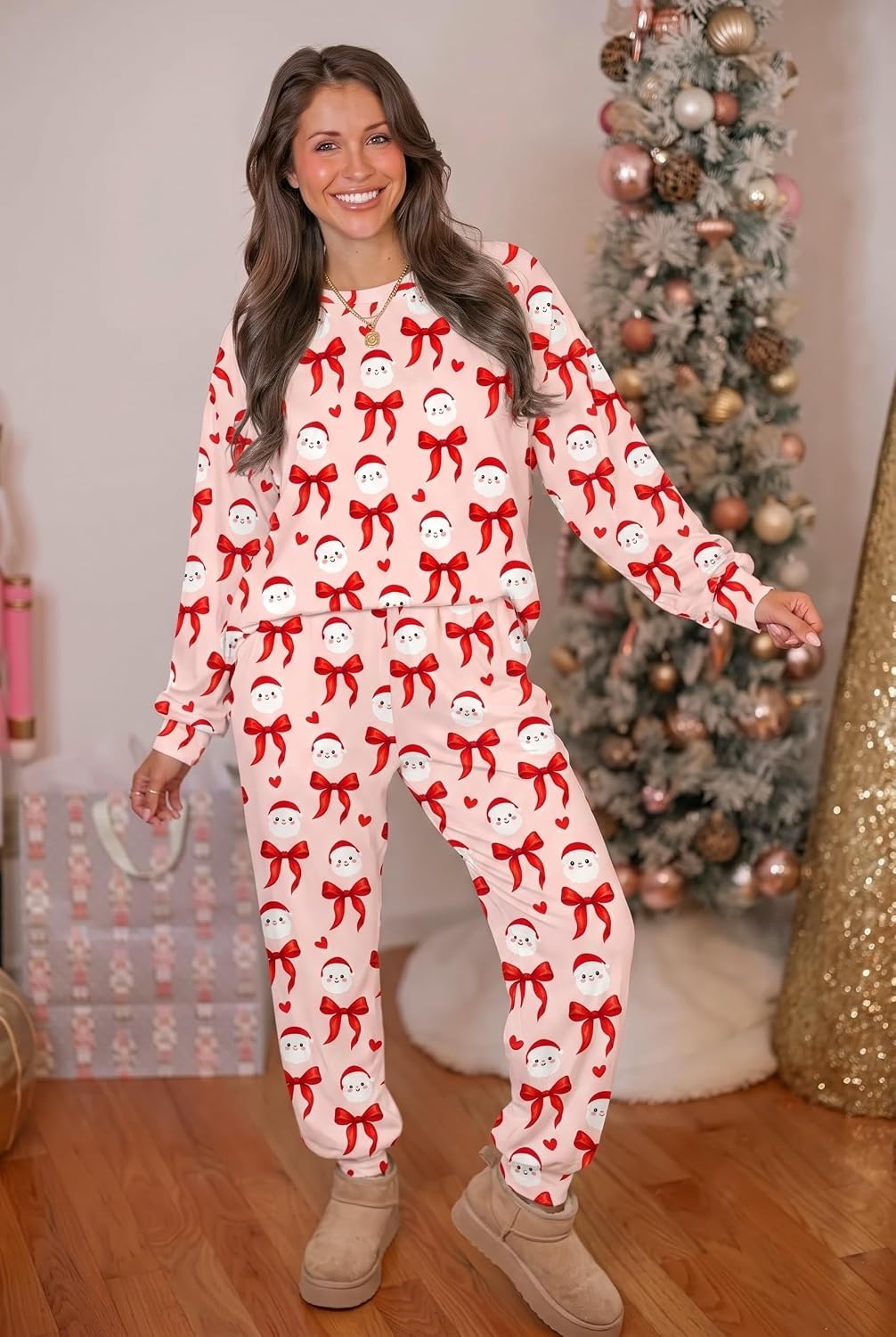 image:imageEkouaer Womens Pajama Sets Long Sleeve Jogger Pj Sets with Pockets XSXXLBlush Pink Santa Bow