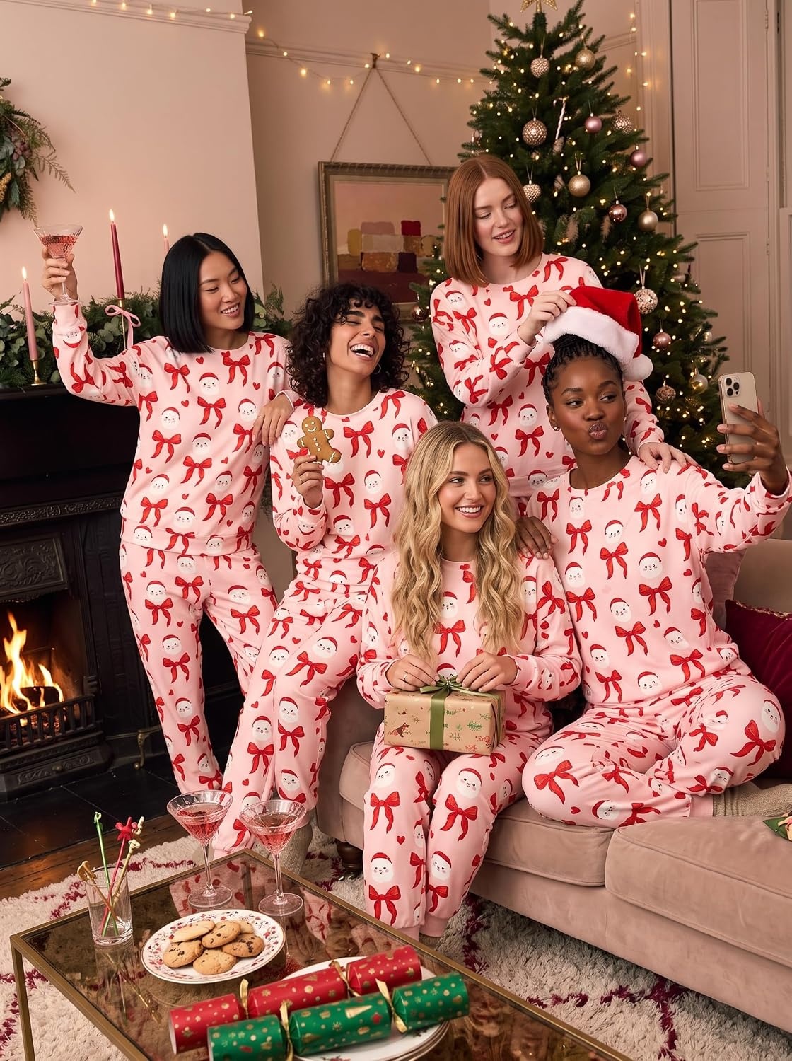 image:imageEkouaer Womens Pajama Sets Long Sleeve Jogger Pj Sets with Pockets XSXXLBlush Pink Santa Bow