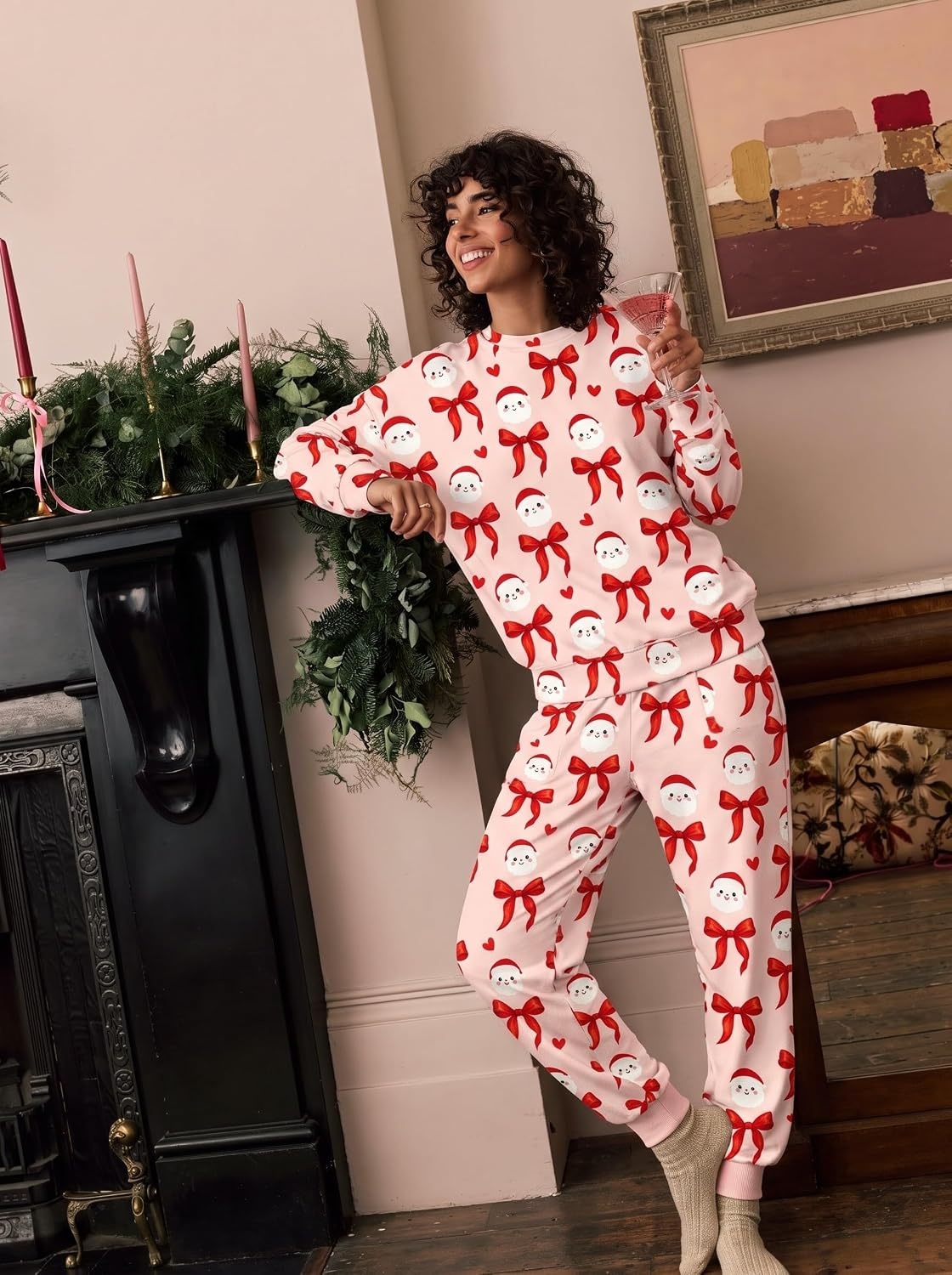 image:imageEkouaer Womens Pajama Sets Long Sleeve Jogger Pj Sets with Pockets XSXXLBlush Pink Santa Bow