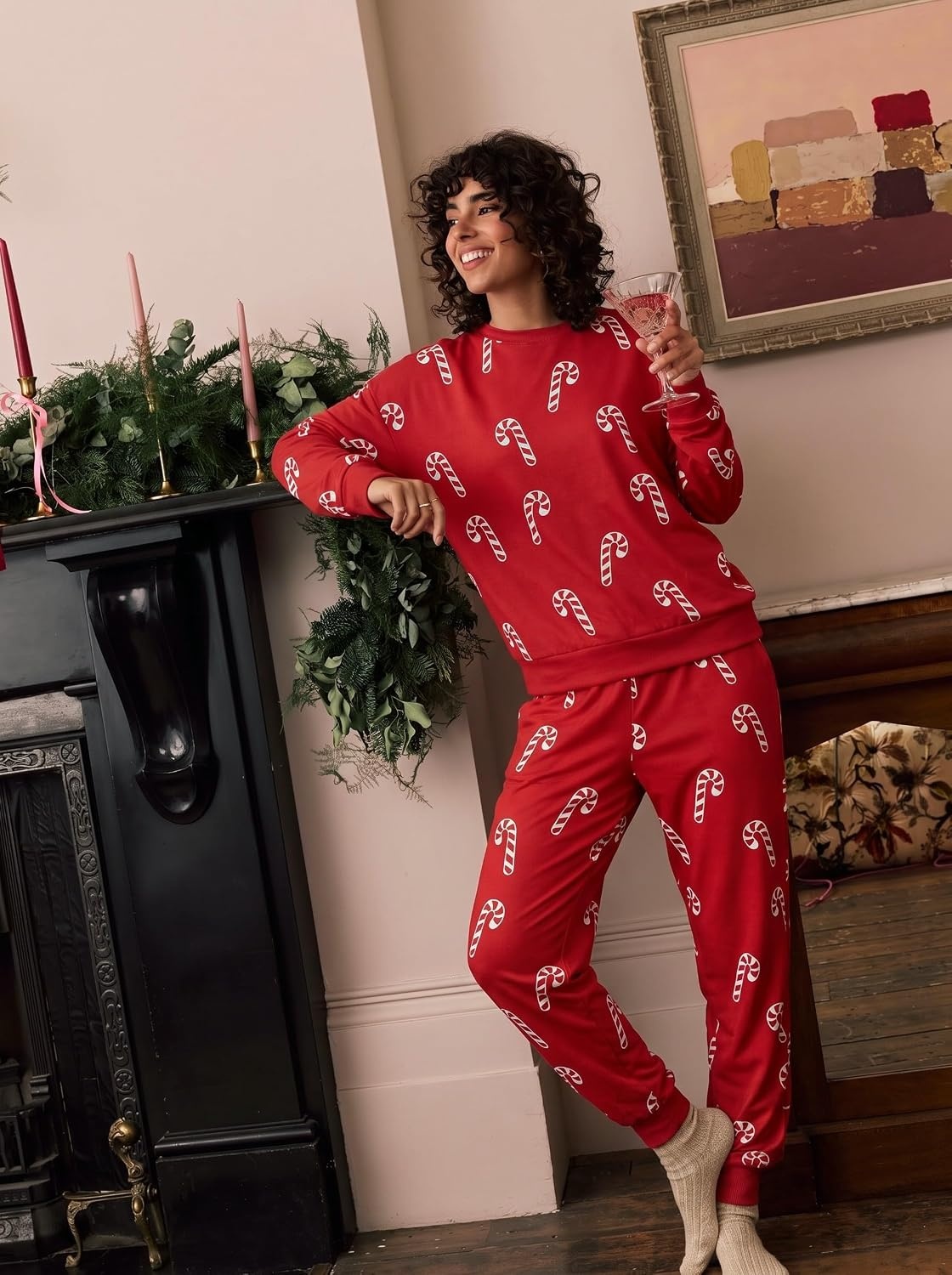 image:imageEkouaer Womens Pajama Sets Long Sleeve Jogger Pj Sets with Pockets XSXXLChristmas Red Candy Cane