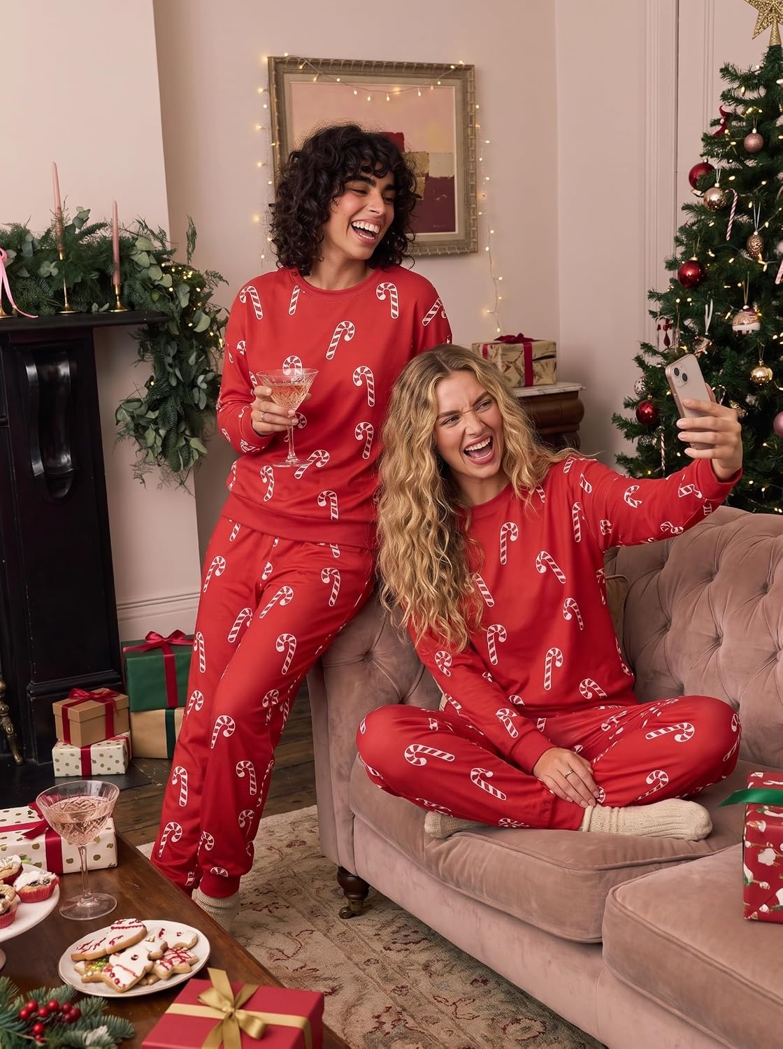 image:imageEkouaer Womens Pajama Sets Long Sleeve Jogger Pj Sets with Pockets XSXXLChristmas Red Candy Cane
