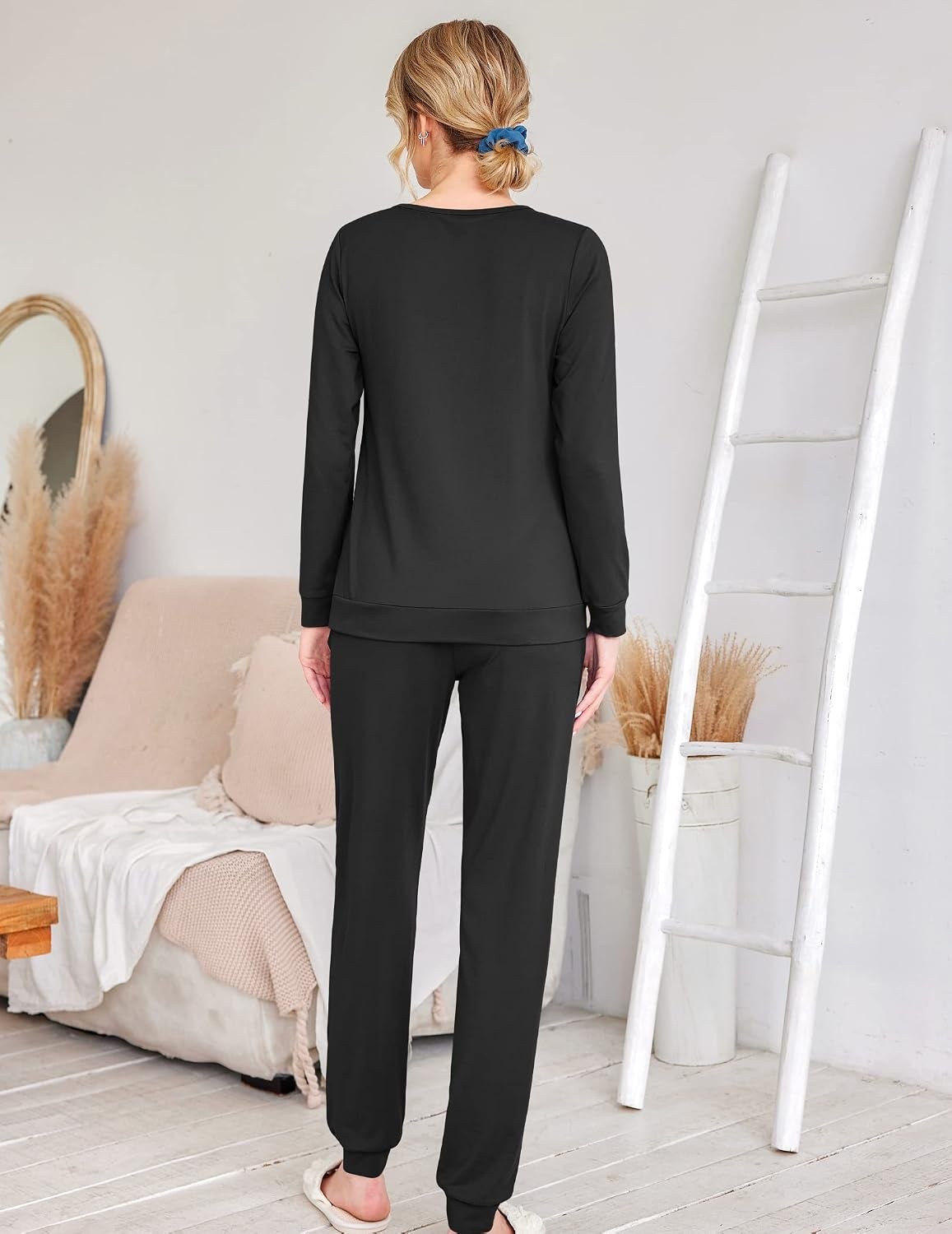image:imageEkouaer Womens Pajama Sets Long Sleeve Jogger Pj Sets with Pockets XSXXLDark Black