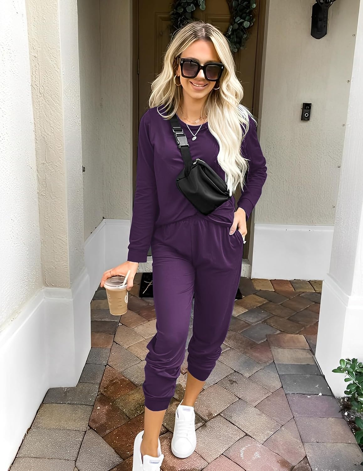 image:imageEkouaer Womens Pajama Sets Long Sleeve Jogger Pj Sets with Pockets XSXXLDeep Purple