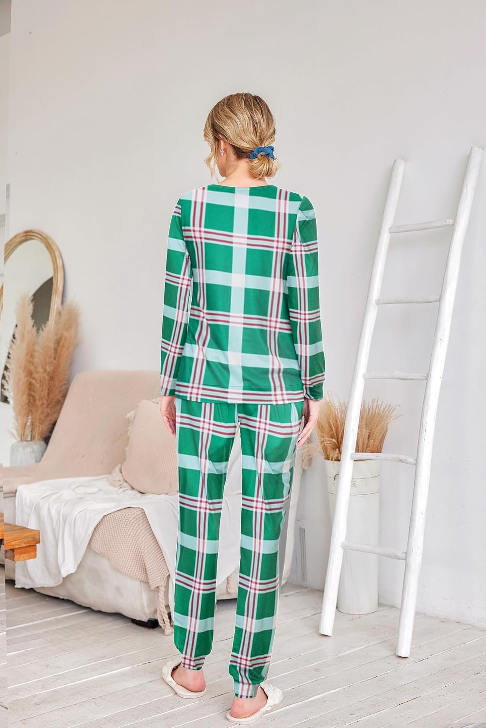 image:imageEkouaer Womens Pajama Sets Long Sleeve Jogger Pj Sets with Pockets XSXXLGreen Plaid
