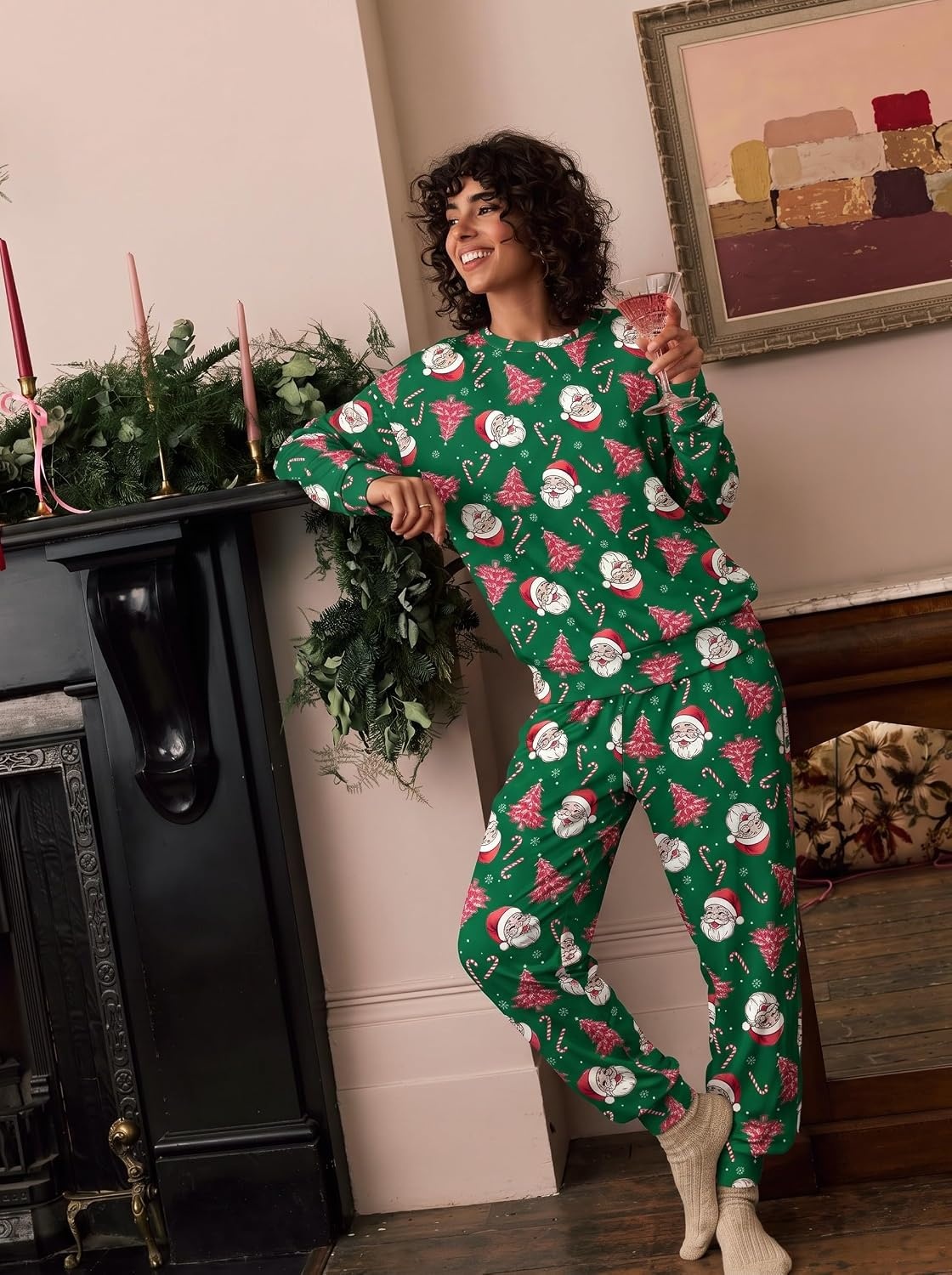 image:imageEkouaer Womens Pajama Sets Long Sleeve Jogger Pj Sets with Pockets XSXXLGreen Santa Christmas Tree