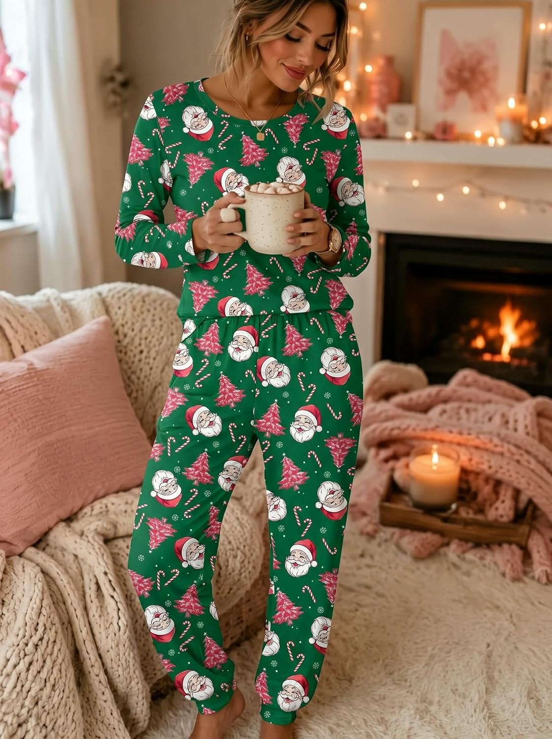 image:imageEkouaer Womens Pajama Sets Long Sleeve Jogger Pj Sets with Pockets XSXXLGreen Santa Christmas Tree