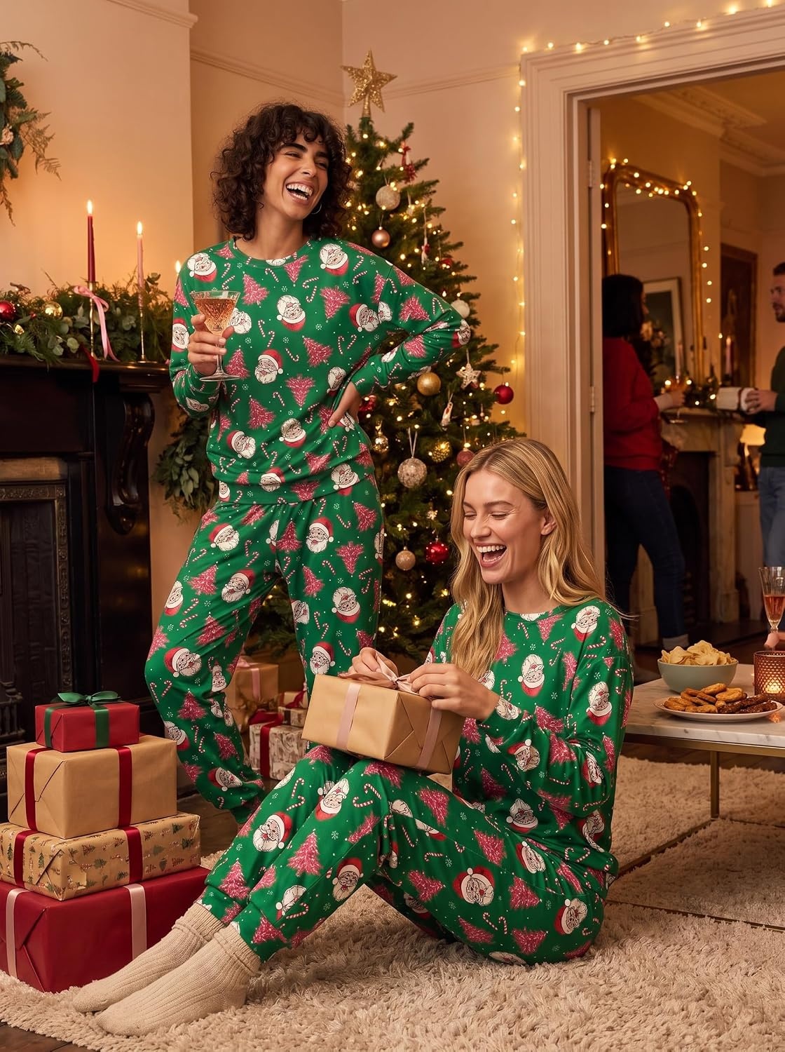 image:imageEkouaer Womens Pajama Sets Long Sleeve Jogger Pj Sets with Pockets XSXXLGreen Santa Christmas Tree