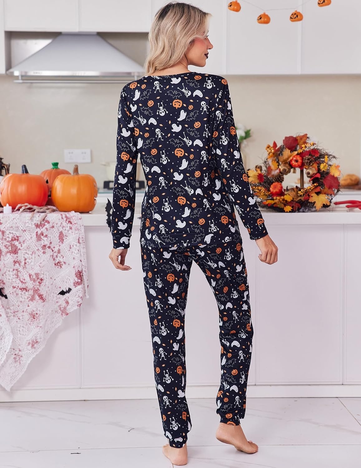 image:imageEkouaer Womens Pajama Sets Long Sleeve Jogger Pj Sets with Pockets XSXXLHalloween Ghosts Print