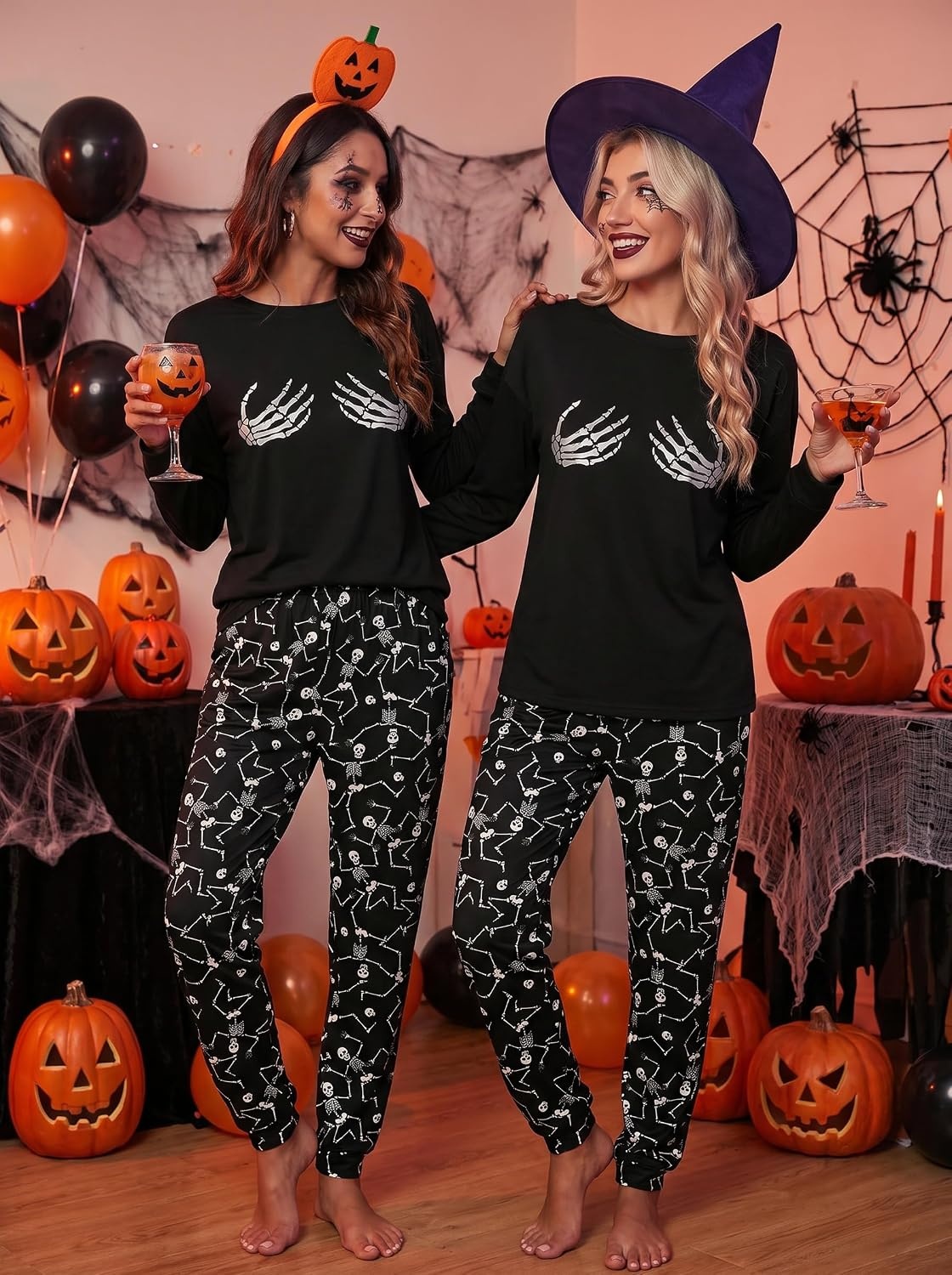 image:imageEkouaer Womens Pajama Sets Long Sleeve Jogger Pj Sets with Pockets XSXXLHalloween Skeleton Print