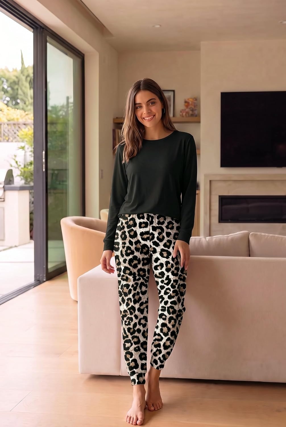 image:imageEkouaer Womens Pajama Sets Long Sleeve Jogger Pj Sets with Pockets XSXXLLeopard