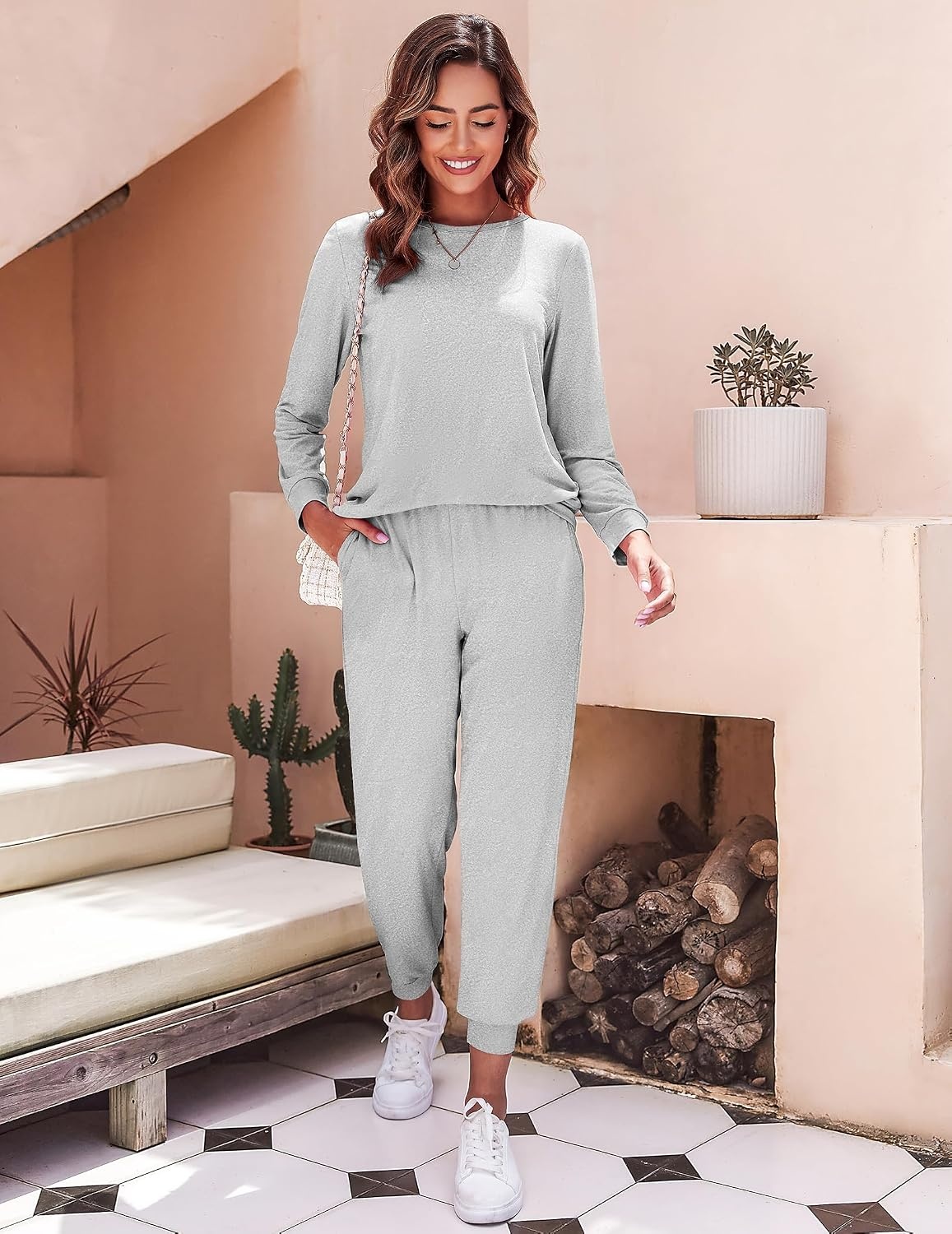 image:imageEkouaer Womens Pajama Sets Long Sleeve Jogger Pj Sets with Pockets XSXXLLight Grey
