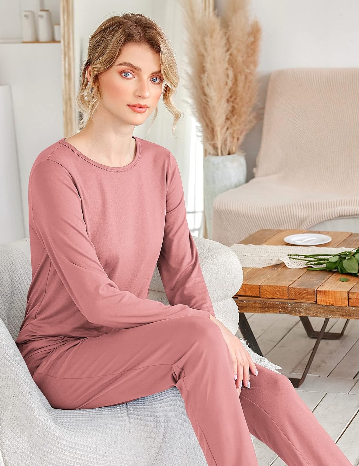 image:imageEkouaer Womens Pajama Sets Long Sleeve Jogger Pj Sets with Pockets XSXXLPink