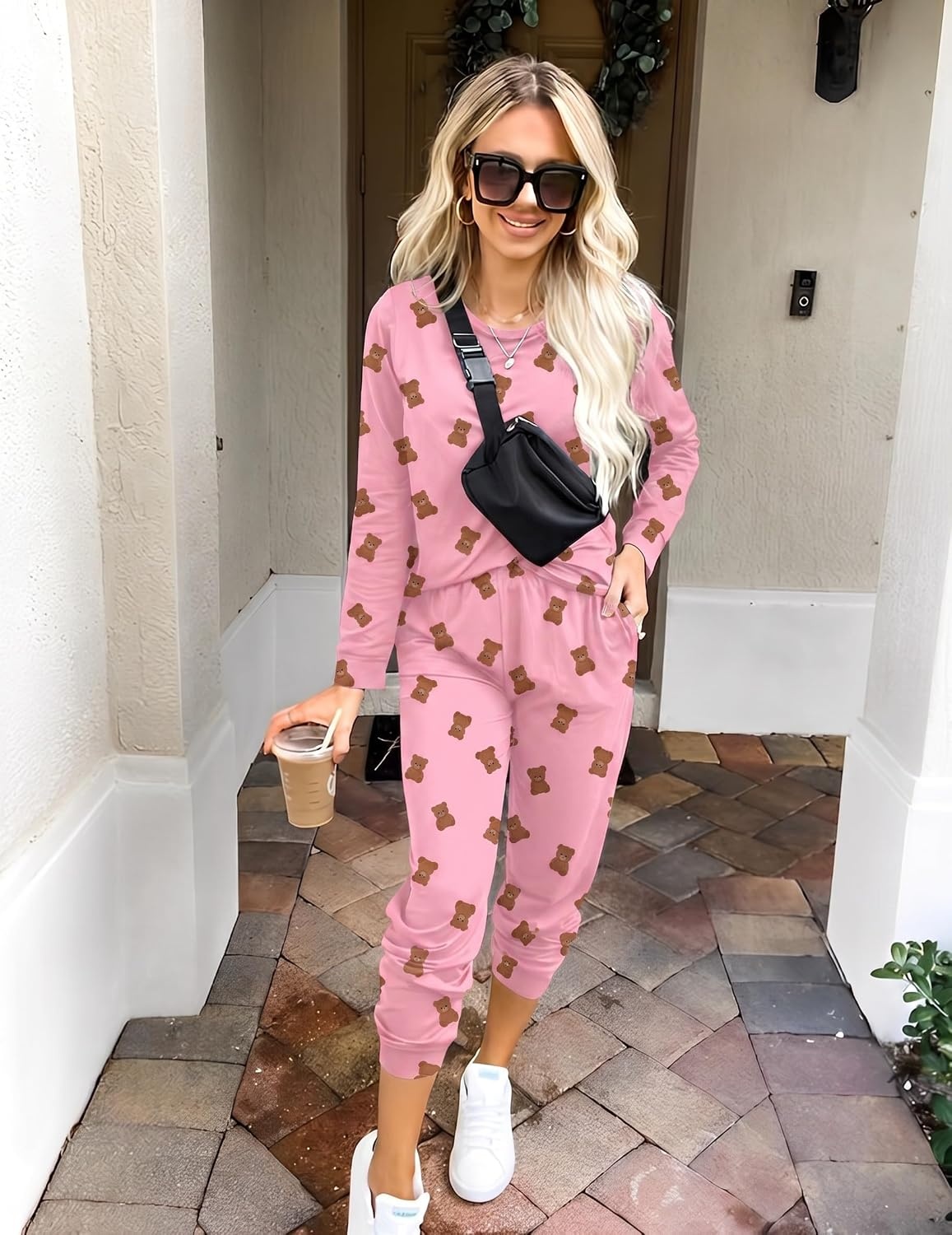 image:imageEkouaer Womens Pajama Sets Long Sleeve Jogger Pj Sets with Pockets XSXXLPink Bear