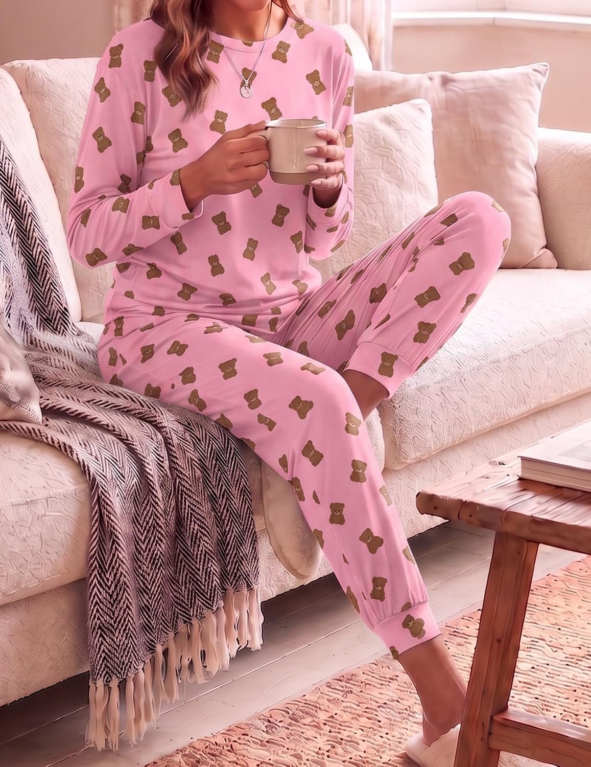 image:imageEkouaer Womens Pajama Sets Long Sleeve Jogger Pj Sets with Pockets XSXXLPink Bear