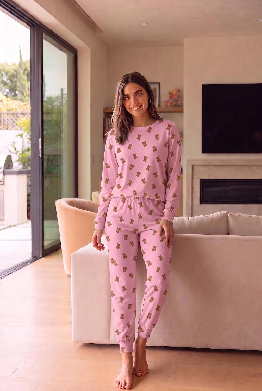image:imageEkouaer Womens Pajama Sets Long Sleeve Jogger Pj Sets with Pockets XSXXLPink Bear