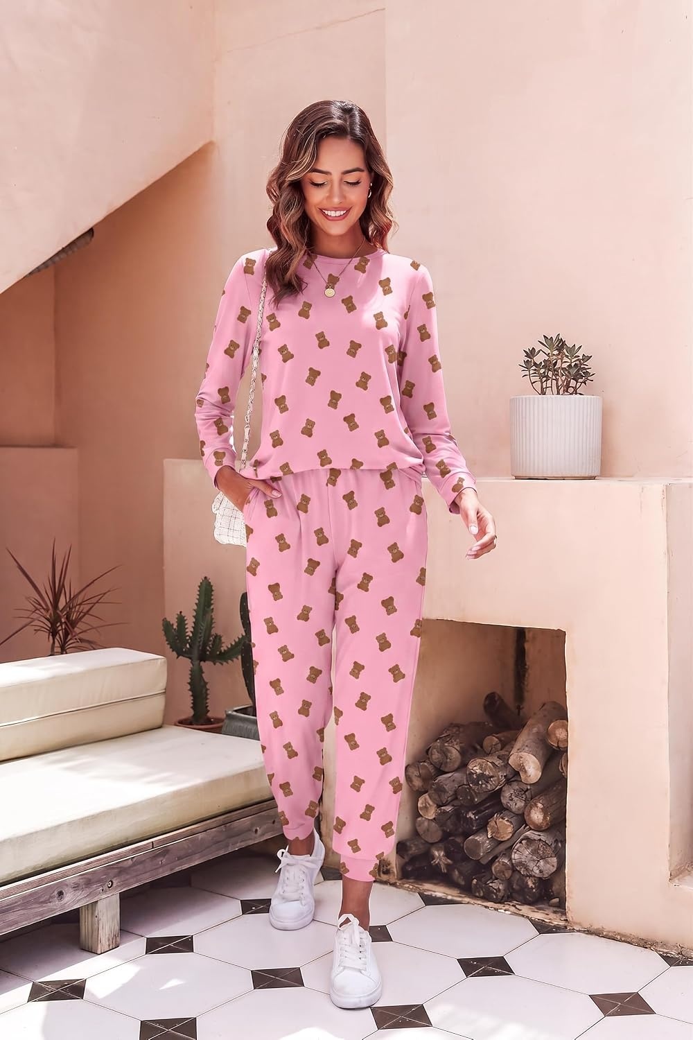 image:imageEkouaer Womens Pajama Sets Long Sleeve Jogger Pj Sets with Pockets XSXXLPink Bear