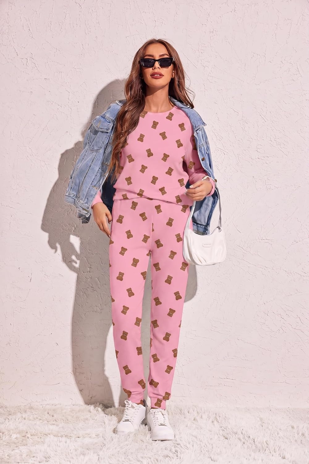image:imageEkouaer Womens Pajama Sets Long Sleeve Jogger Pj Sets with Pockets XSXXLPink Bear