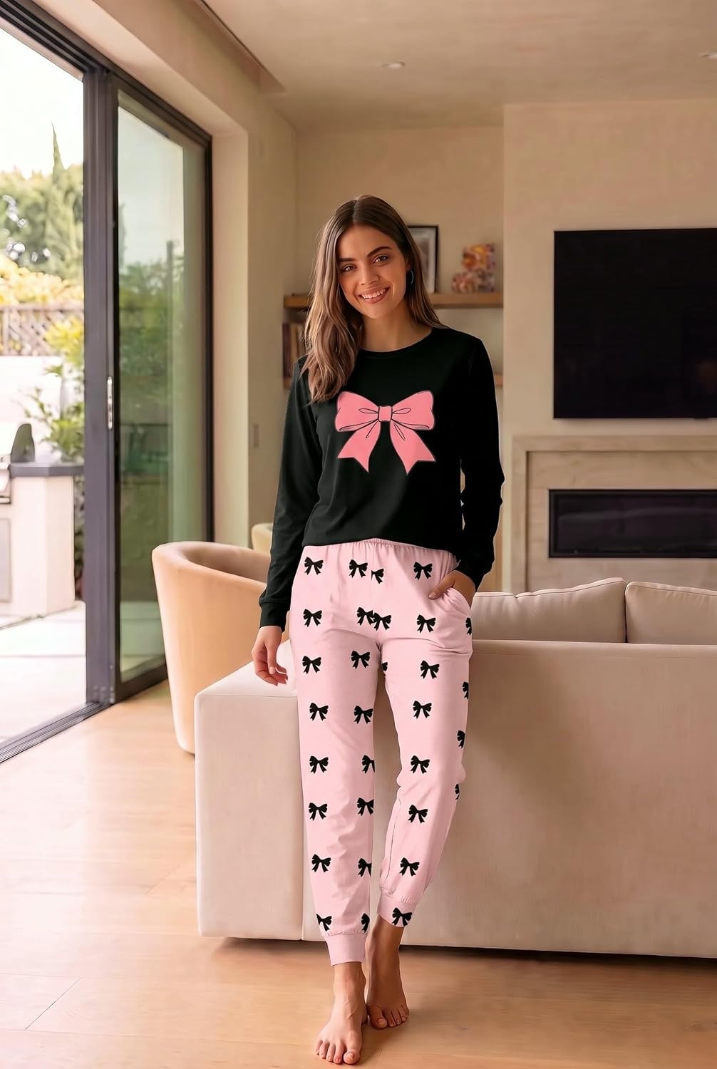 image:imageEkouaer Womens Pajama Sets Long Sleeve Jogger Pj Sets with Pockets XSXXLPink Bow