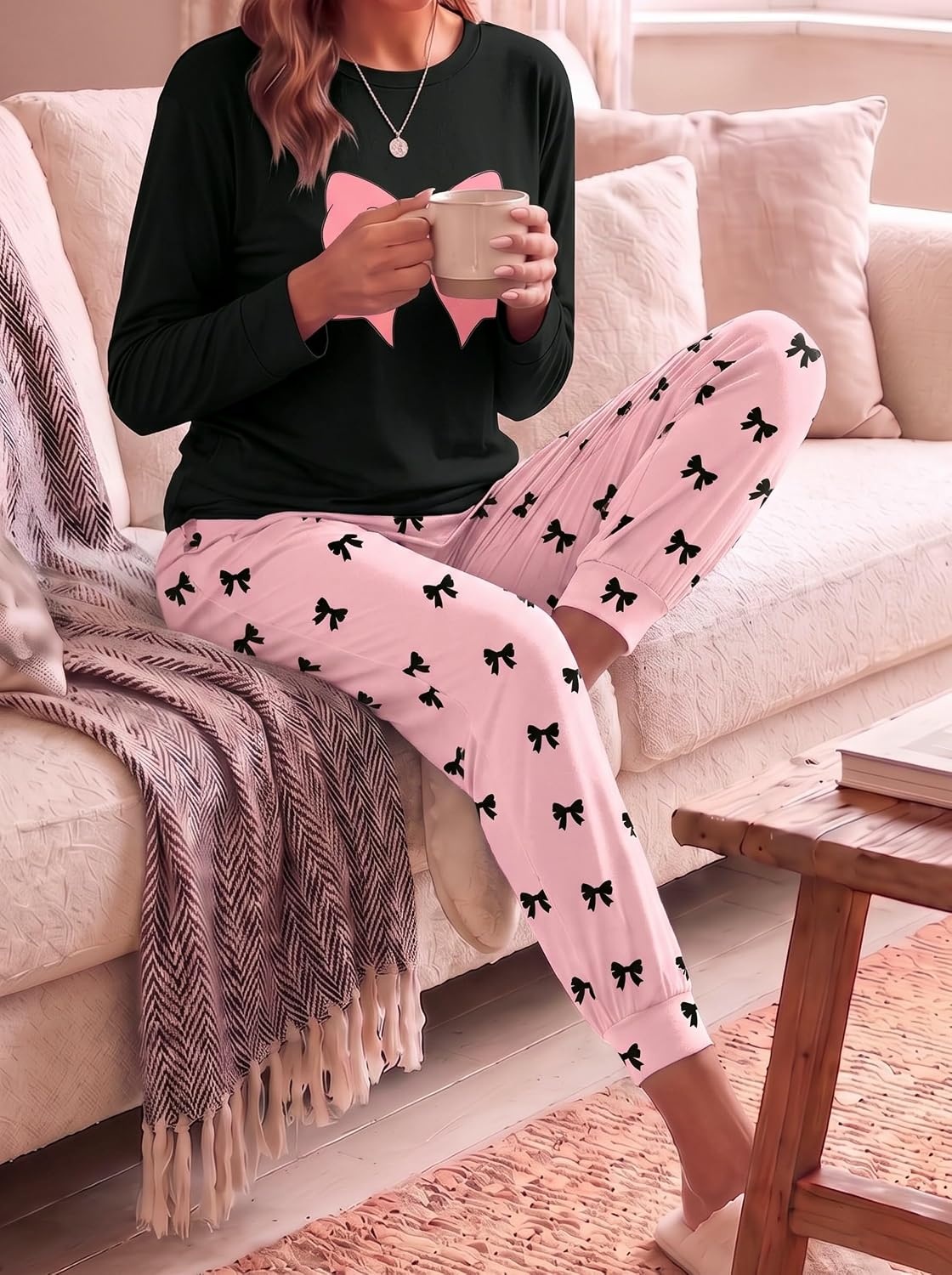 image:imageEkouaer Womens Pajama Sets Long Sleeve Jogger Pj Sets with Pockets XSXXLPink Bow