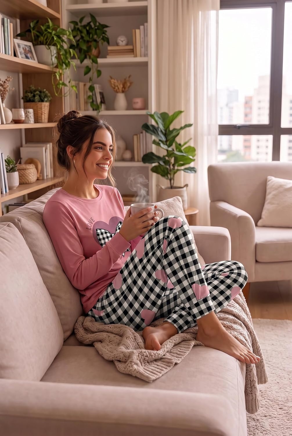 image:imageEkouaer Womens Pajama Sets Long Sleeve Jogger Pj Sets with Pockets XSXXLPink Gingham Heart Bow