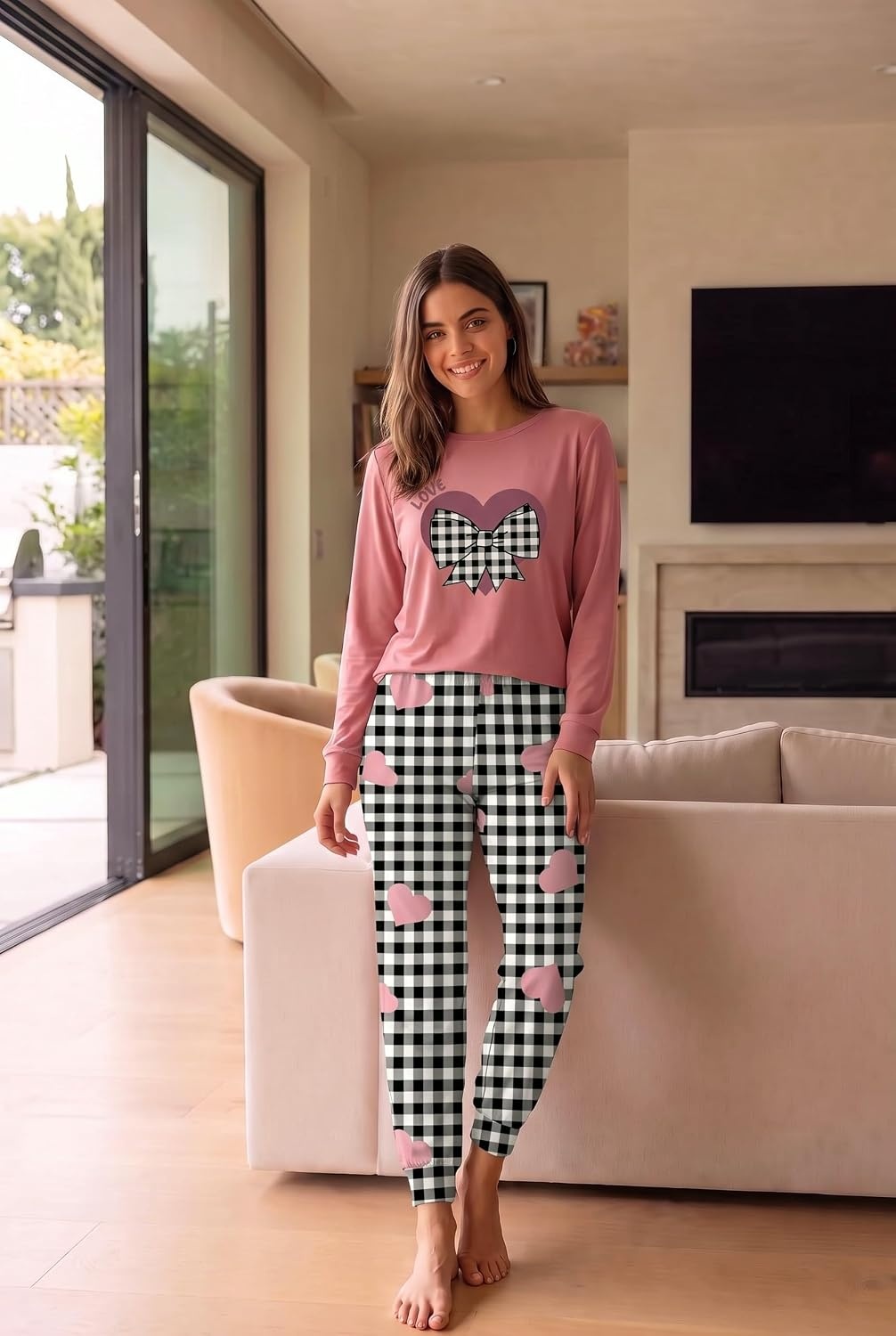 image:imageEkouaer Womens Pajama Sets Long Sleeve Jogger Pj Sets with Pockets XSXXLPink Gingham Heart Bow