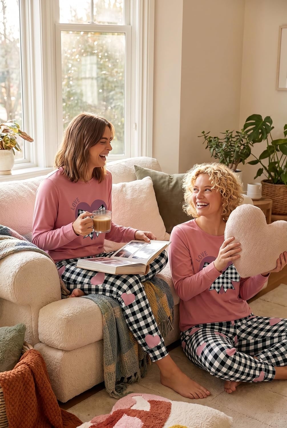 image:imageEkouaer Womens Pajama Sets Long Sleeve Jogger Pj Sets with Pockets XSXXLPink Gingham Heart Bow