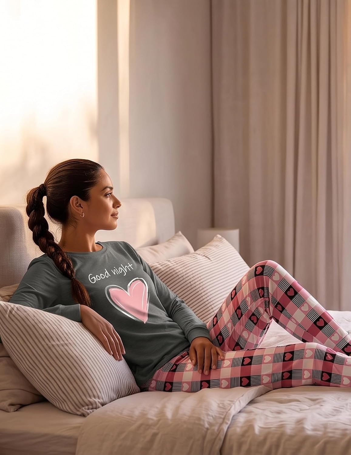 image:imageEkouaer Womens Pajama Sets Long Sleeve Jogger Pj Sets with Pockets XSXXLPink Gray Plaid
