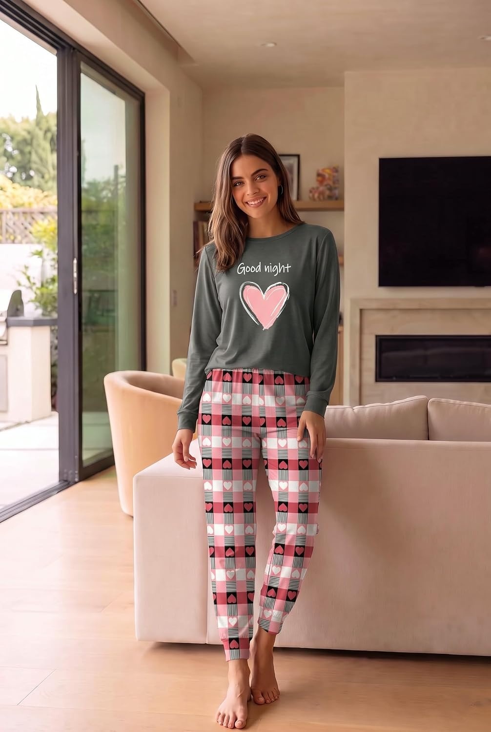image:imageEkouaer Womens Pajama Sets Long Sleeve Jogger Pj Sets with Pockets XSXXLPink Gray Plaid