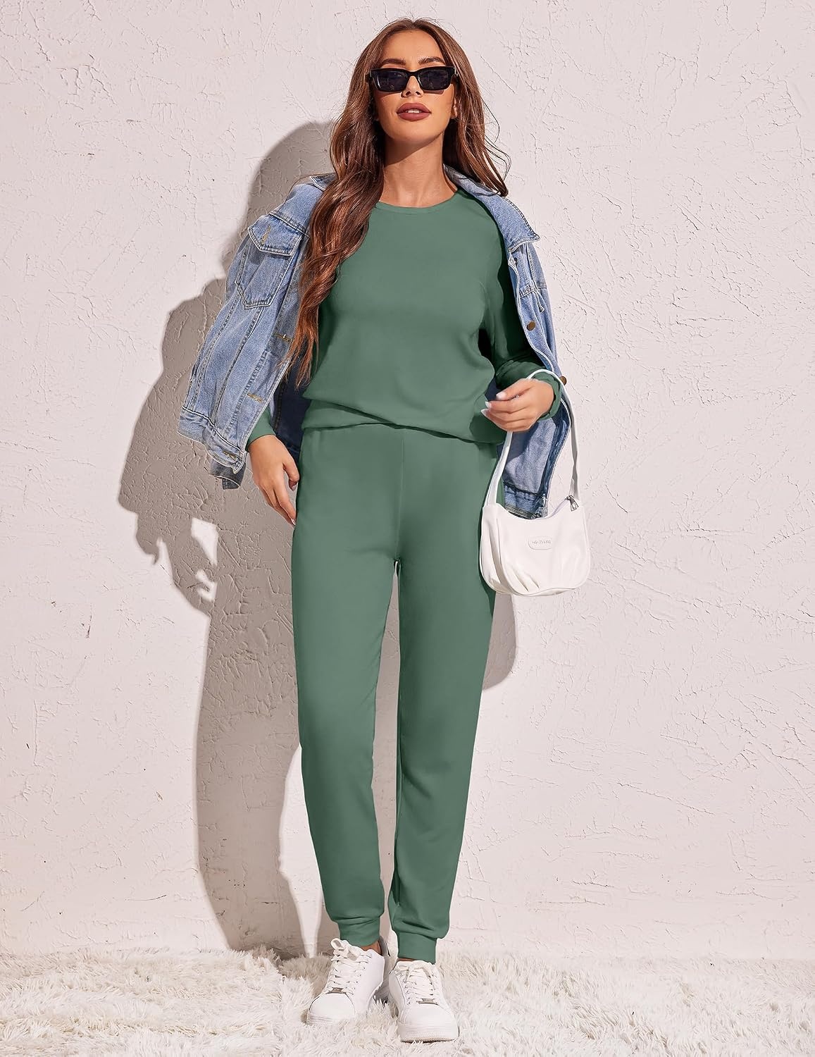 image:imageEkouaer Womens Pajama Sets Long Sleeve Jogger Pj Sets with Pockets XSXXLPure Green