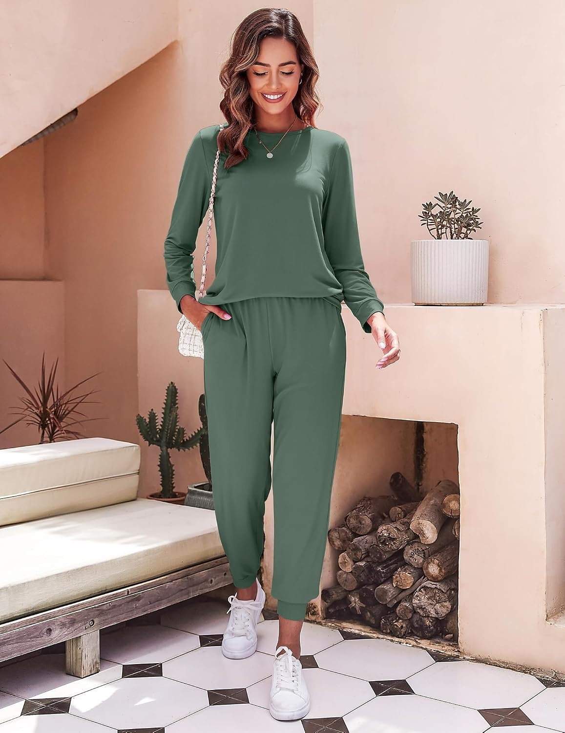 image:imageEkouaer Womens Pajama Sets Long Sleeve Jogger Pj Sets with Pockets XSXXLPure Green
