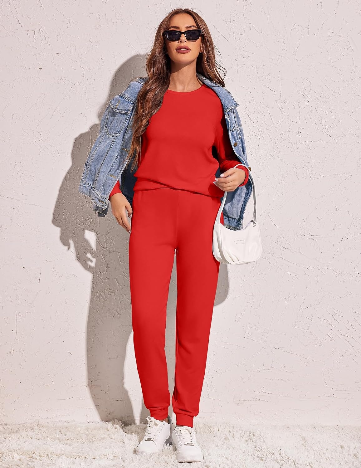 image:imageEkouaer Womens Pajama Sets Long Sleeve Jogger Pj Sets with Pockets XSXXLRed