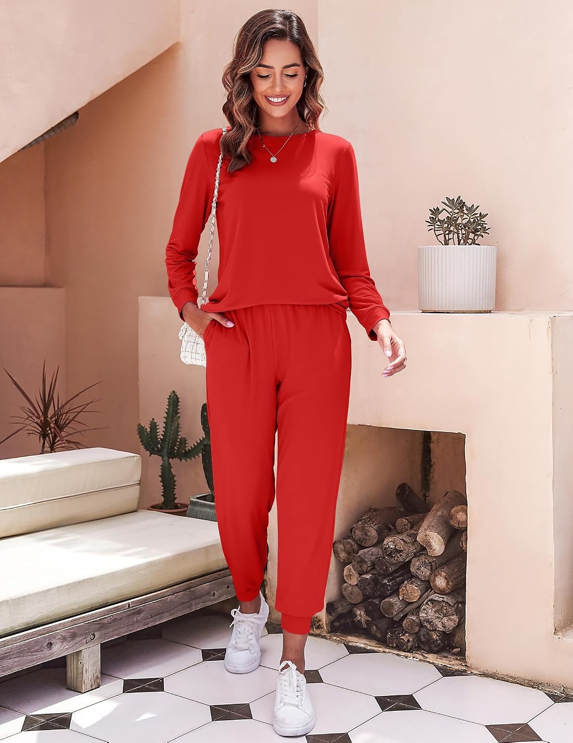 image:imageEkouaer Womens Pajama Sets Long Sleeve Jogger Pj Sets with Pockets XSXXLRed