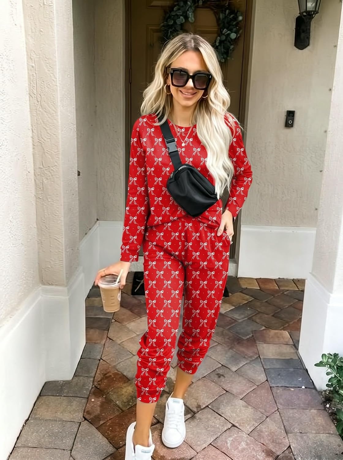 image:imageEkouaer Womens Pajama Sets Long Sleeve Jogger Pj Sets with Pockets XSXXLRed Bow Print