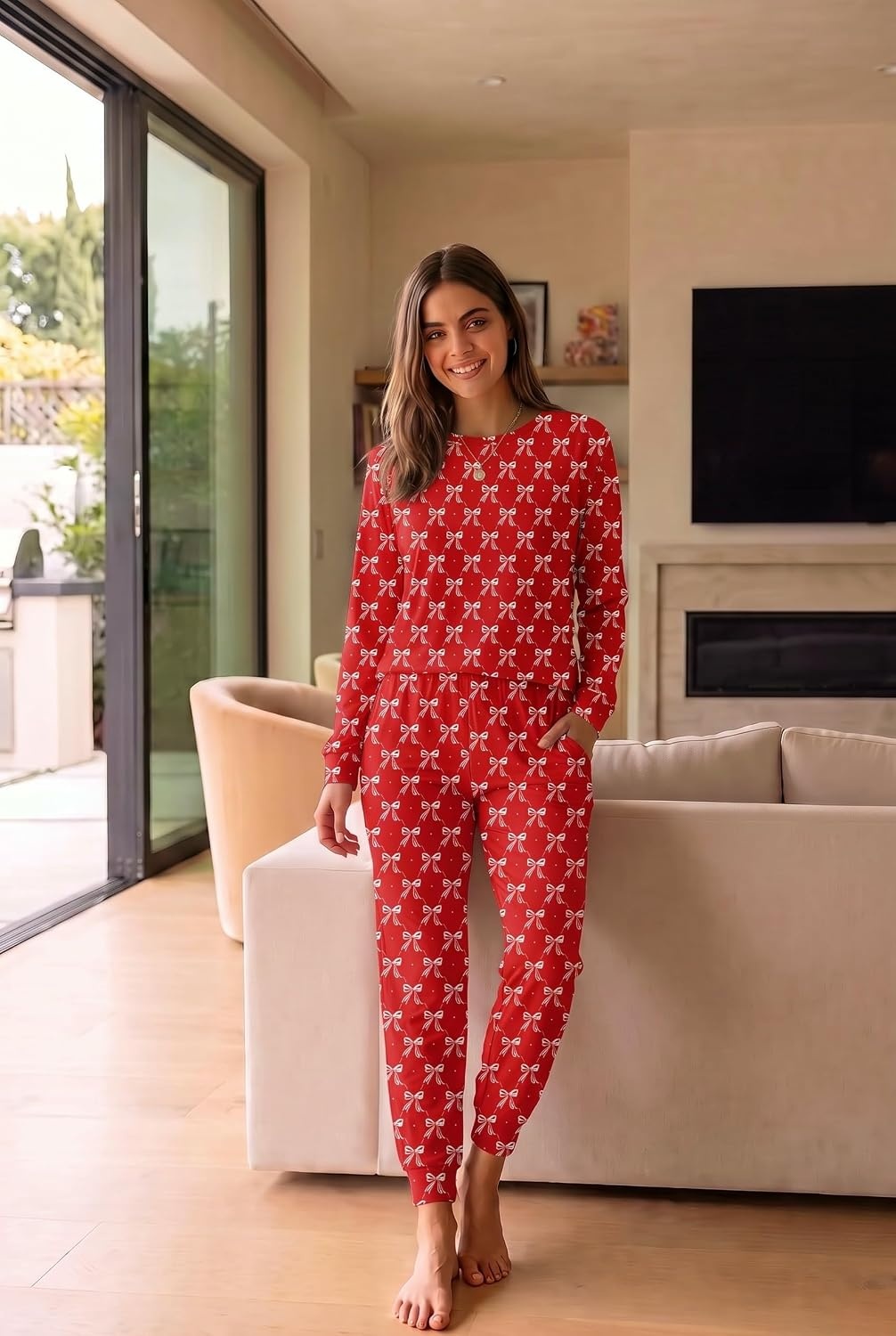 image:imageEkouaer Womens Pajama Sets Long Sleeve Jogger Pj Sets with Pockets XSXXLRed Bow Print