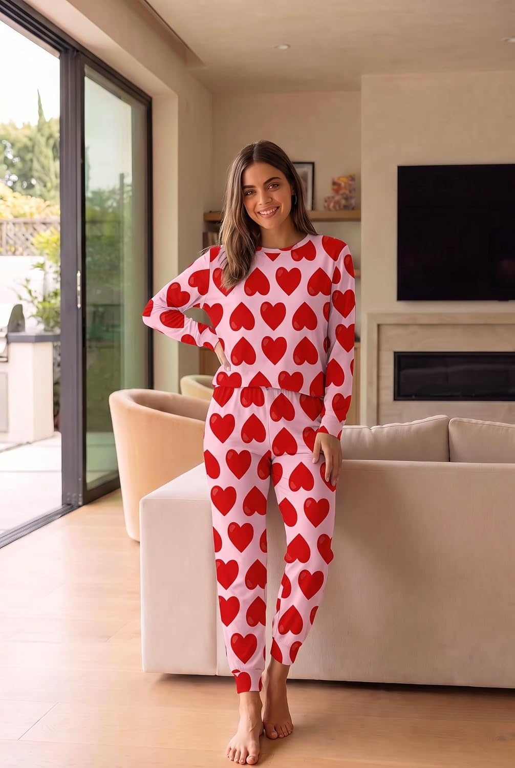 image:imageEkouaer Womens Pajama Sets Long Sleeve Jogger Pj Sets with Pockets XSXXLRed Heart