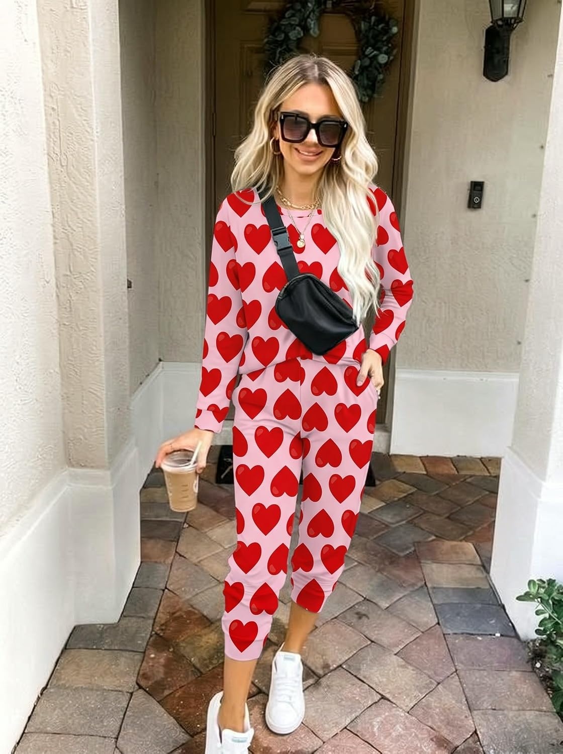 image:imageEkouaer Womens Pajama Sets Long Sleeve Jogger Pj Sets with Pockets XSXXLRed Heart