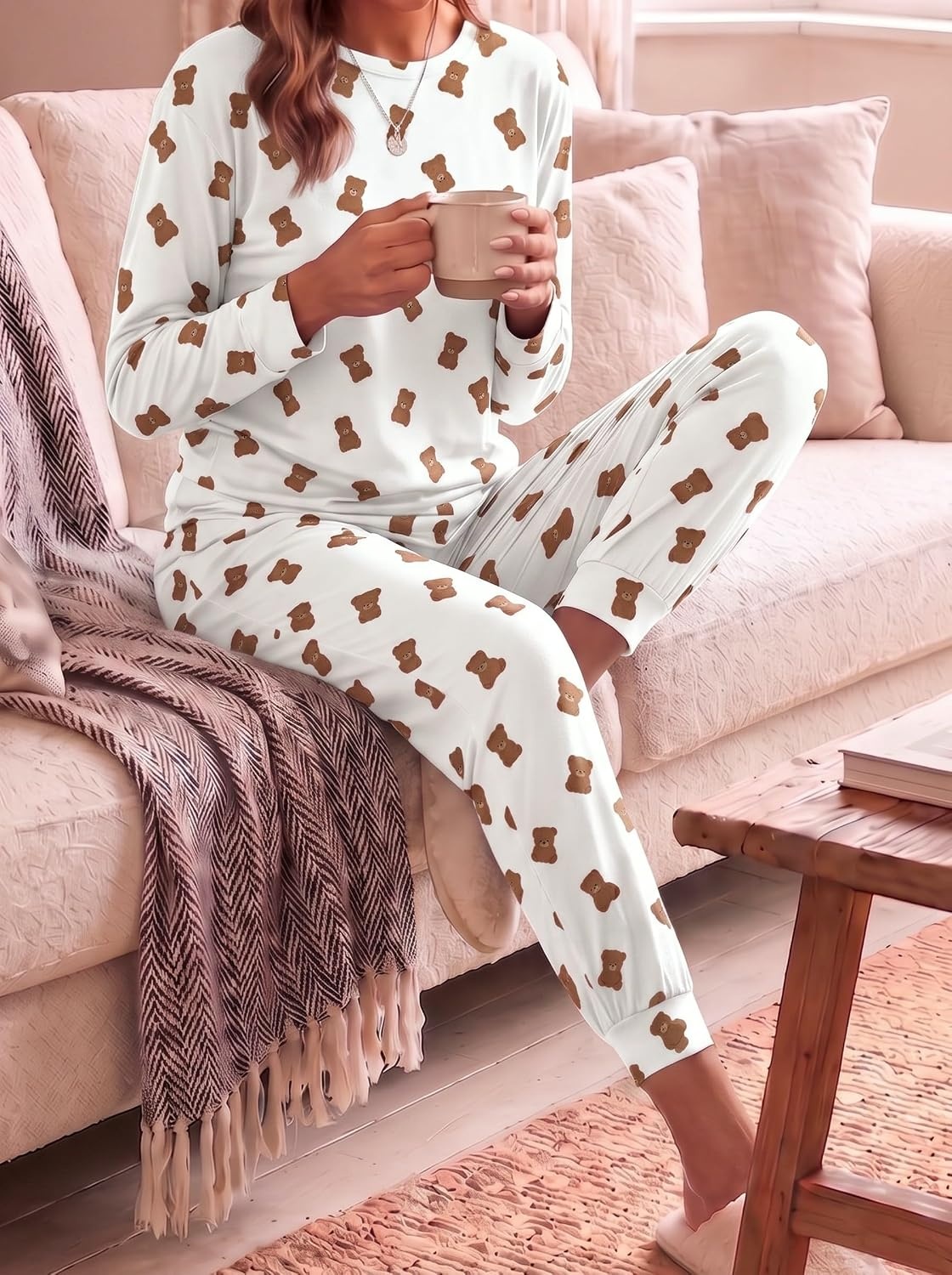 image:imageEkouaer Womens Pajama Sets Long Sleeve Jogger Pj Sets with Pockets XSXXLWhite Cute Bear