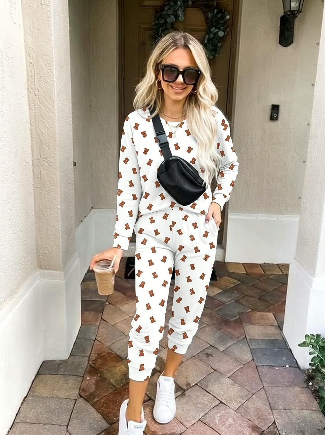 image:imageEkouaer Womens Pajama Sets Long Sleeve Jogger Pj Sets with Pockets XSXXLWhite Cute Bear