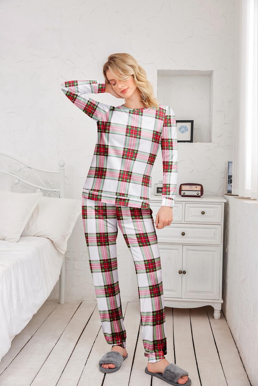 image:imageEkouaer Womens Pajama Sets Long Sleeve Jogger Pj Sets with Pockets XSXXLWhite Red Green Plaid