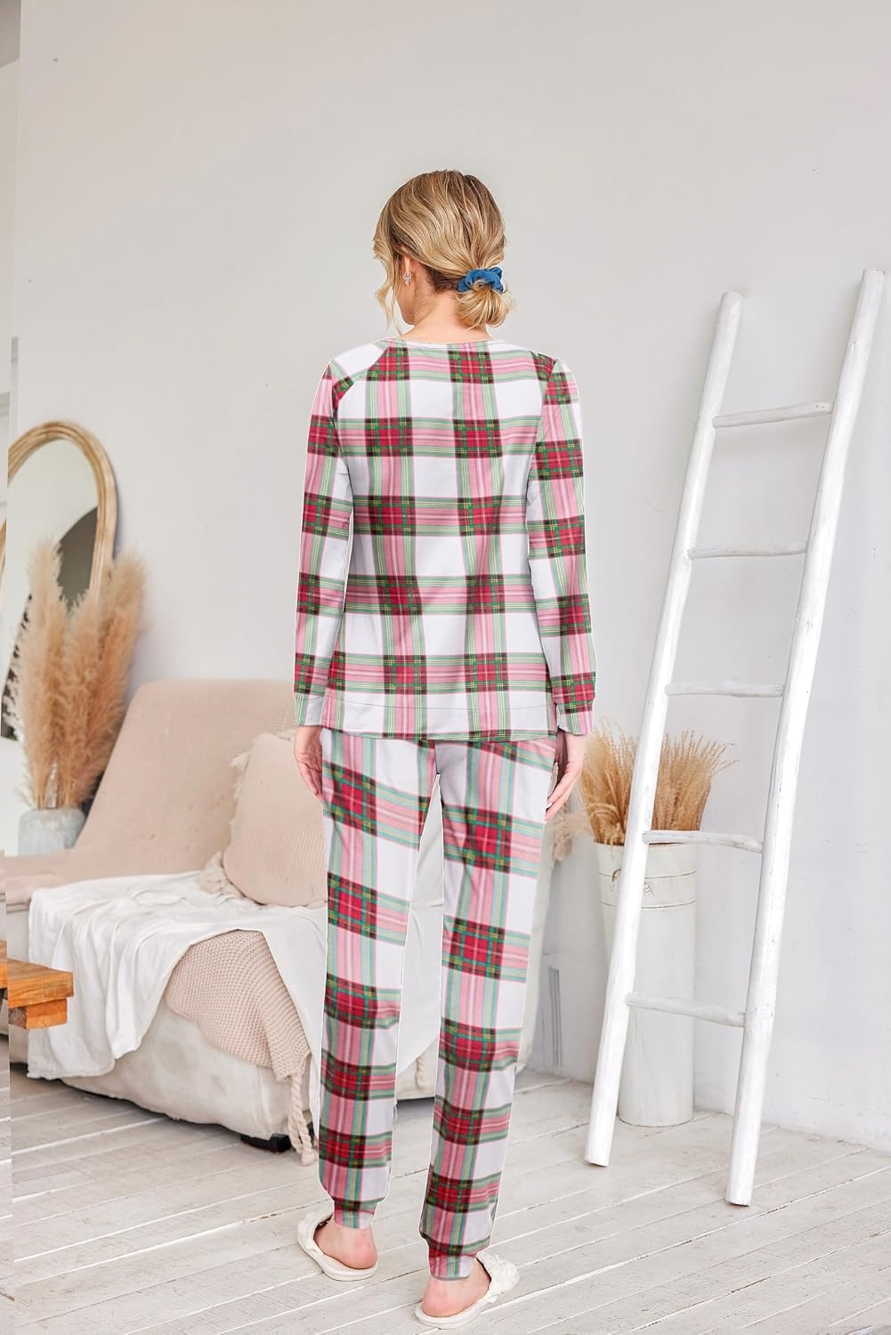 image:imageEkouaer Womens Pajama Sets Long Sleeve Jogger Pj Sets with Pockets XSXXLWhite Red Green Plaid