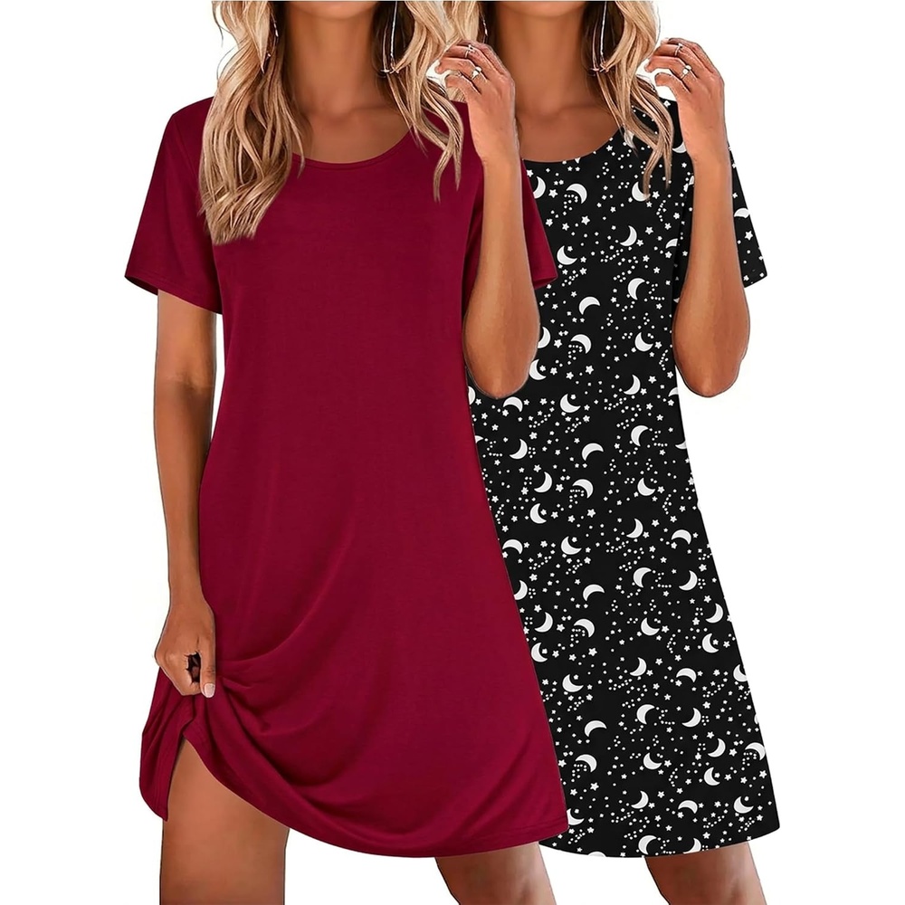 image:imageEkouaer 2 Pack Nightgowns for Women Sleepshirt Short Sleeve Night ShirtsBlack Starwine Red