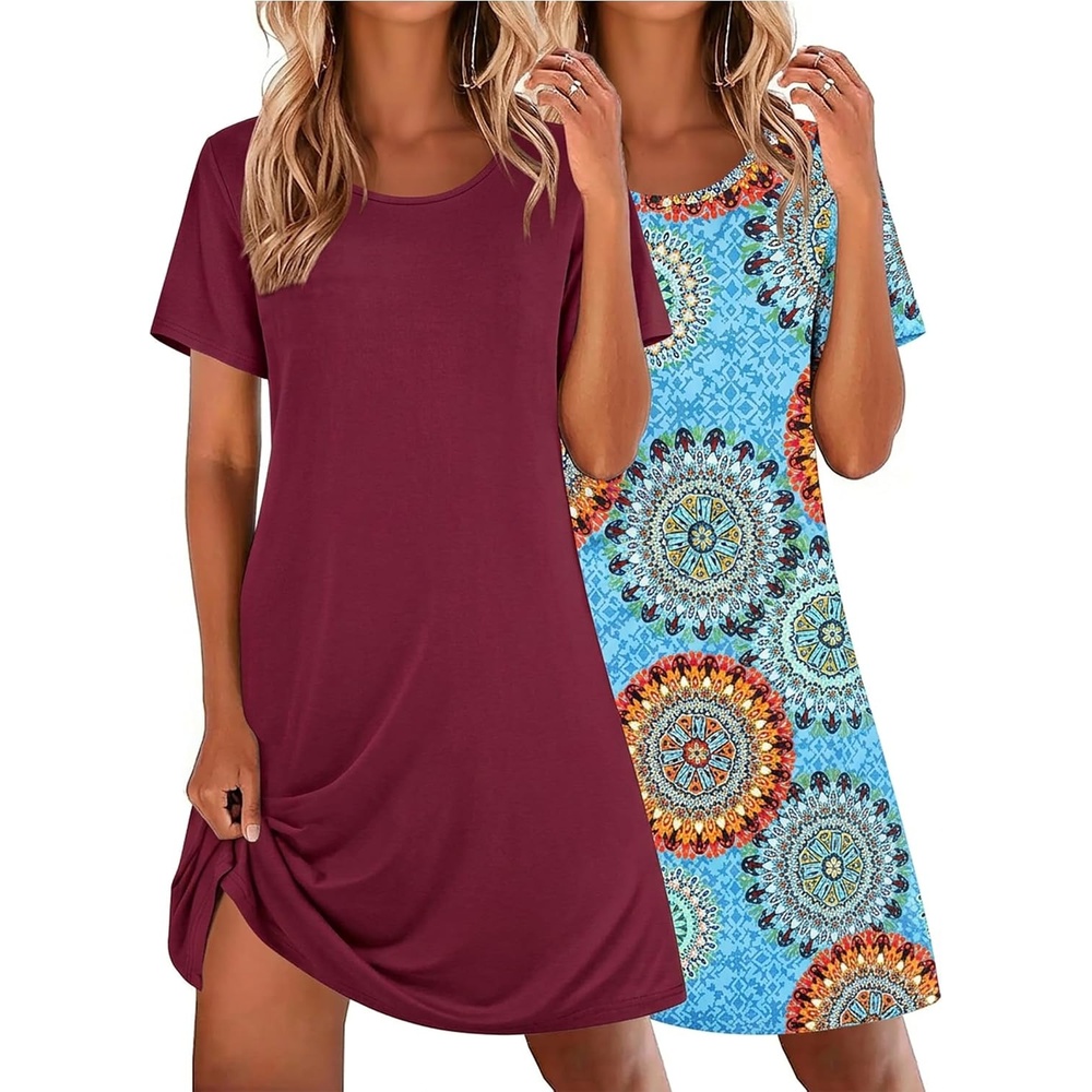 image:imageEkouaer 2 Pack Nightgowns for Women Sleepshirt Short Sleeve Night ShirtsBlue Bohomaroon